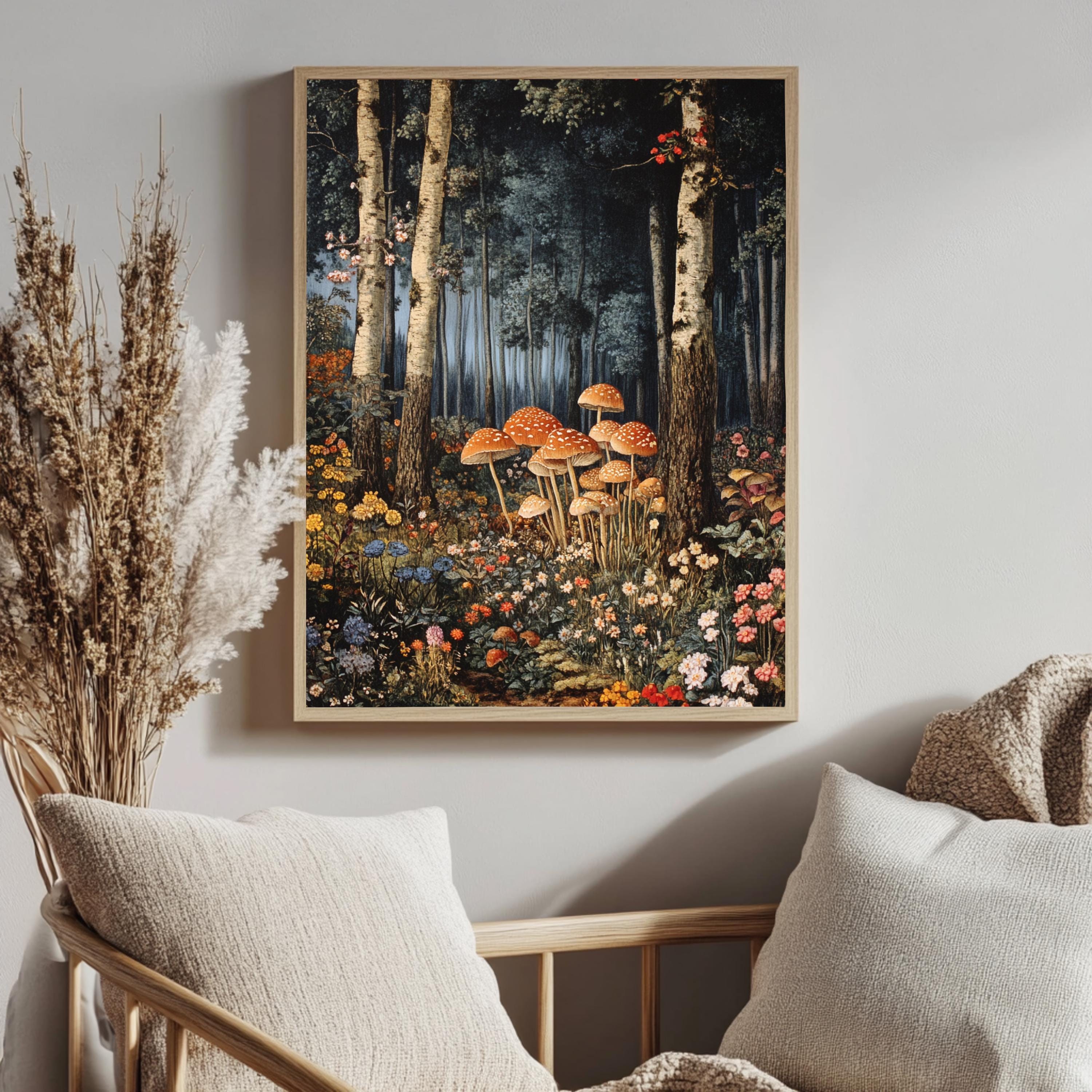 Enchanted Forest Mushroom Framed Canvas, Mystical Woodland Wall Art, Whimsical Fairy Tale Nature Print, Cottagecore Floral Decor
