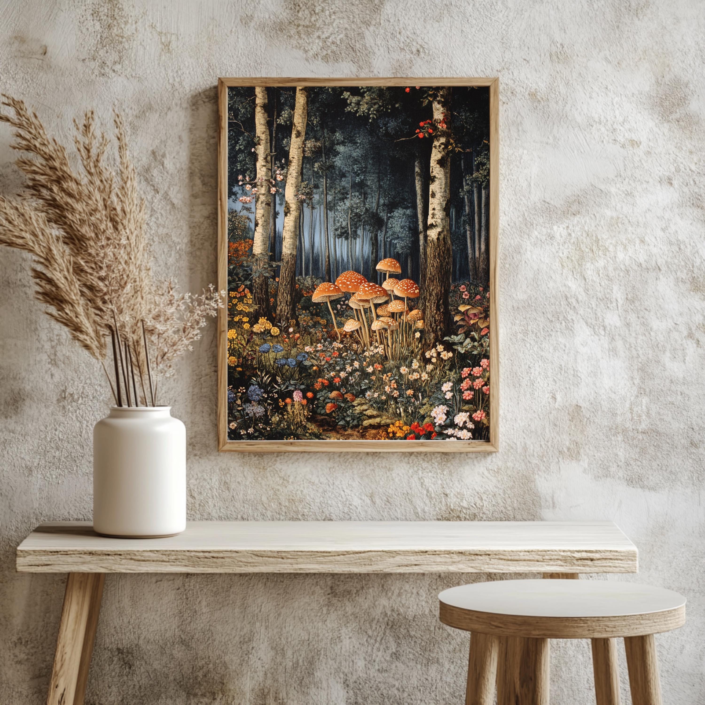 Enchanted Forest Mushroom Framed Canvas, Mystical Woodland Wall Art, Whimsical Fairy Tale Nature Print, Cottagecore Floral Decor