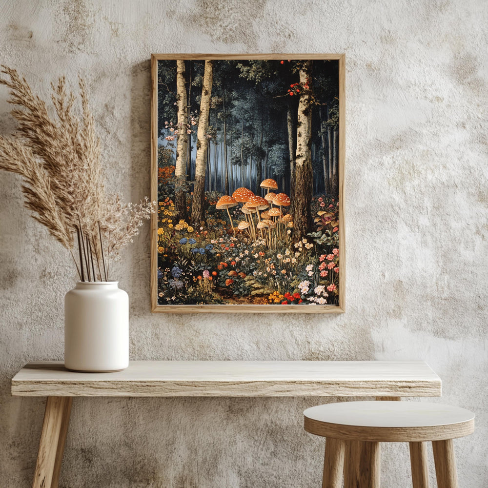 Enchanted Forest Mushroom Framed Canvas, Mystical Woodland Wall Art, Whimsical Fairy Tale Nature Print, Cottagecore Floral Decor
