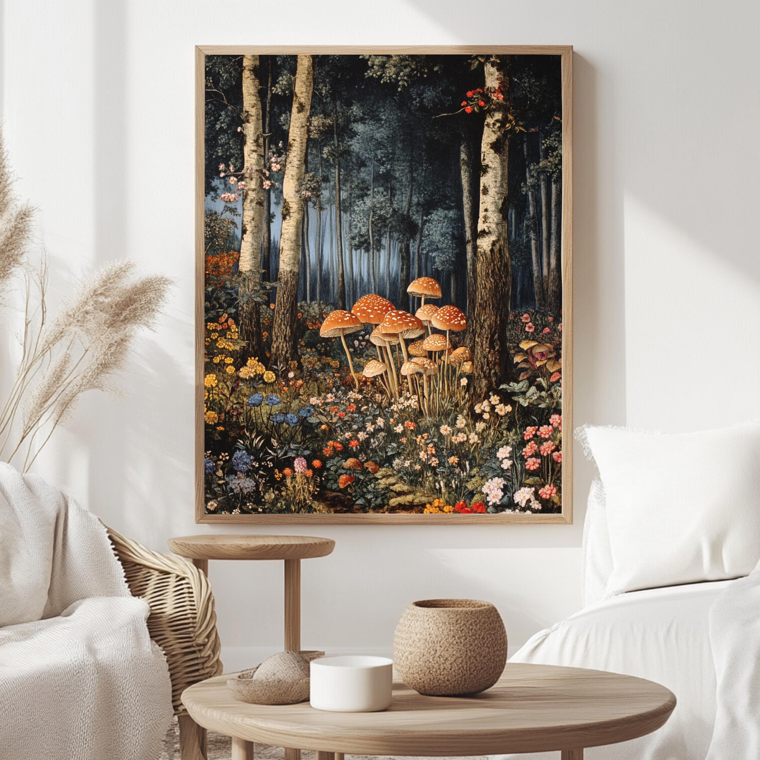 Enchanted Forest Mushroom Framed Canvas, Mystical Woodland Wall Art, Whimsical Fairy Tale Nature Print, Cottagecore Floral Decor