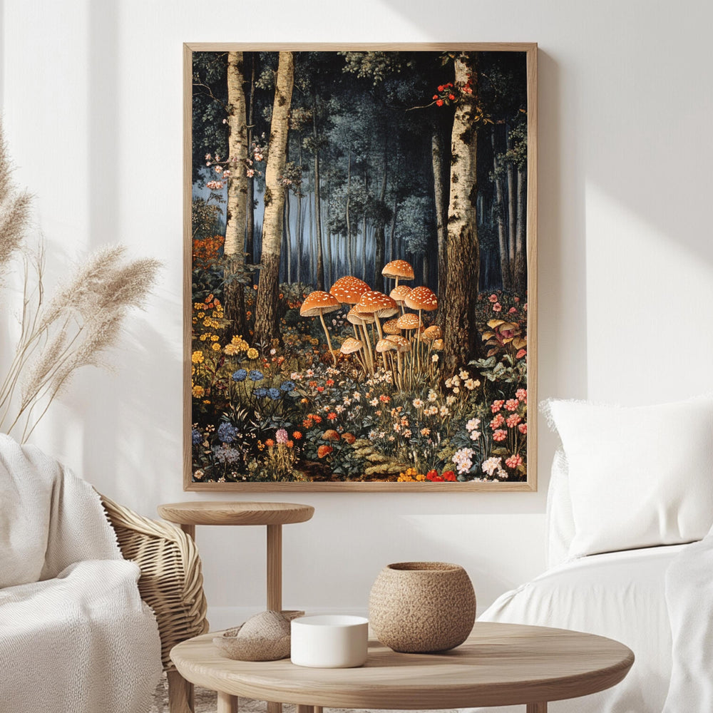 Enchanted Forest Mushroom Framed Canvas, Mystical Woodland Wall Art, Whimsical Fairy Tale Nature Print, Cottagecore Floral Decor