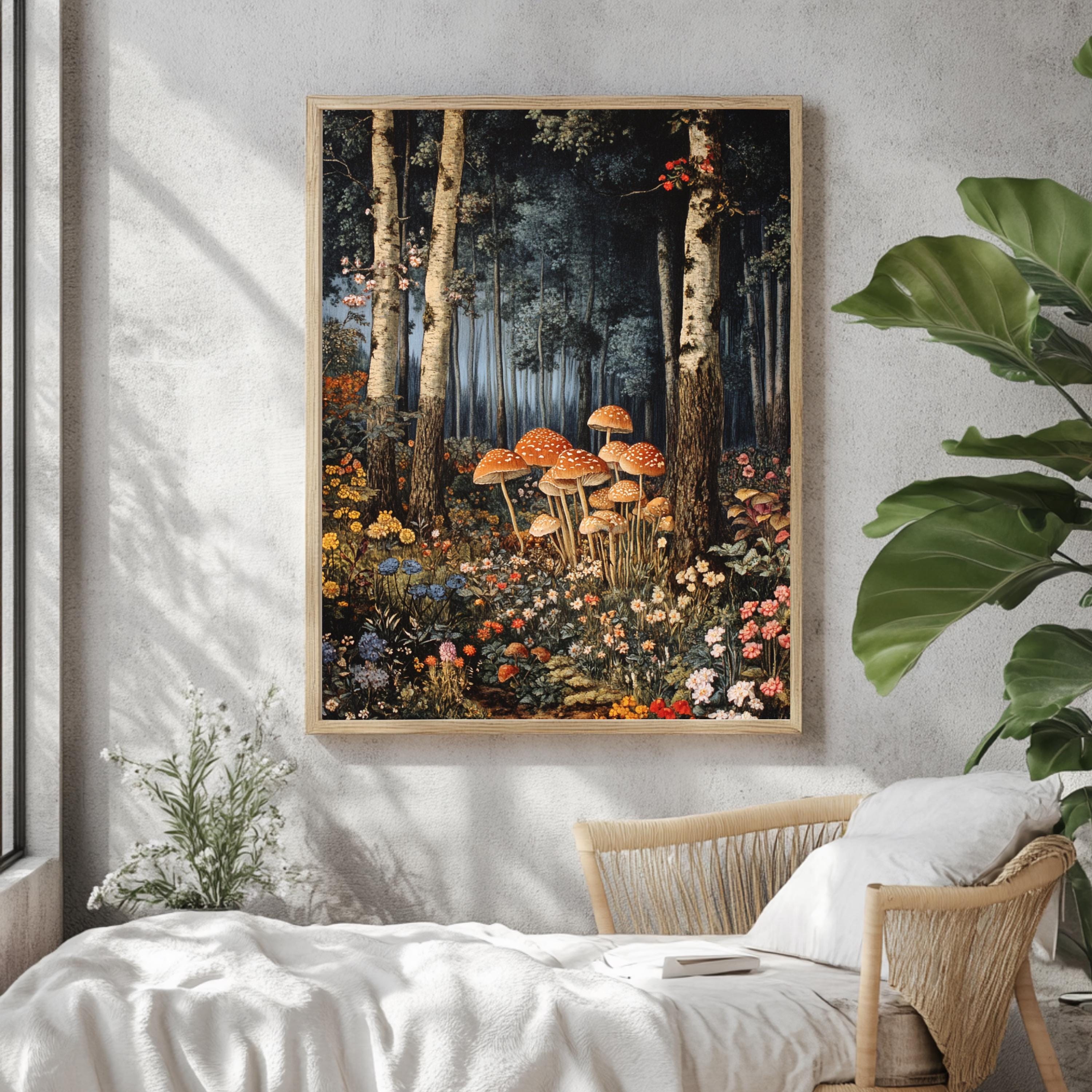 Enchanted Forest Mushroom Framed Canvas, Mystical Woodland Wall Art, Whimsical Fairy Tale Nature Print, Cottagecore Floral Decor