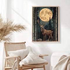 Mystical Moonlit Stag Framed Canvas, Celestial Forest Deer Print, Enchanted Wildlife Wall Decor, Woodland Lunar Canvas, Fantasy Nature Gift