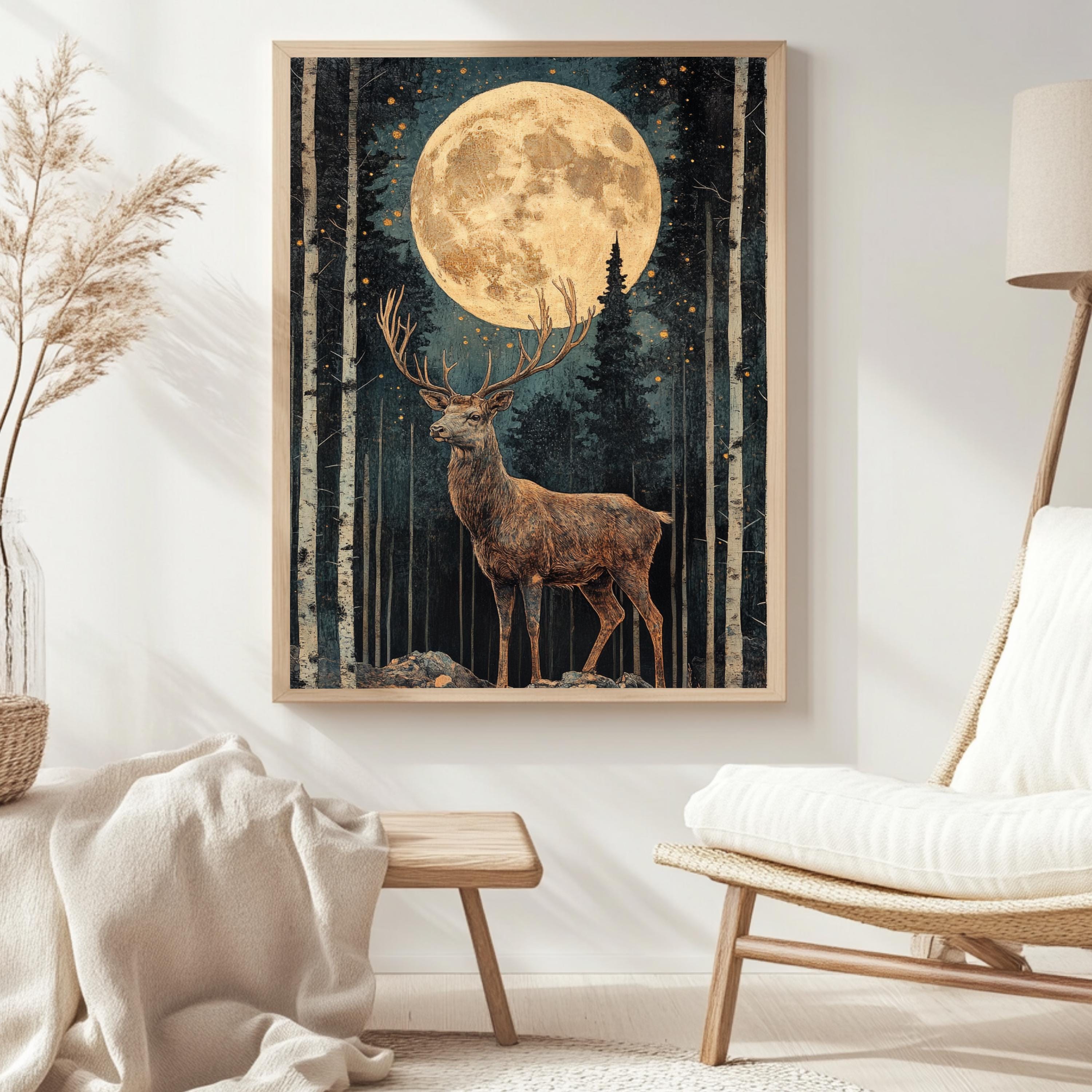 Mystical Moonlit Stag Framed Canvas, Celestial Forest Deer Print, Enchanted Wildlife Wall Decor, Woodland Lunar Canvas, Fantasy Nature Gift