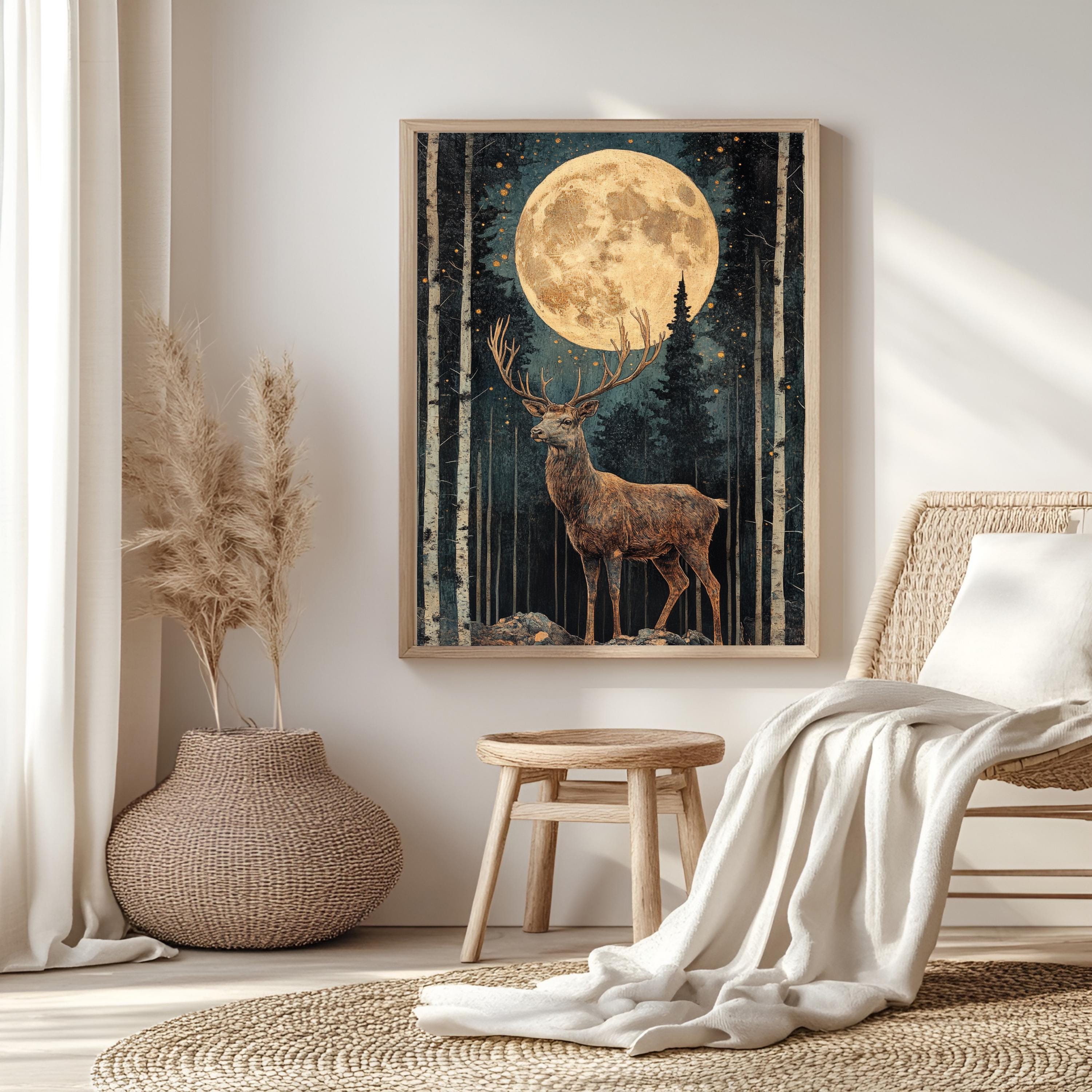 Mystical Moonlit Stag Framed Canvas, Celestial Forest Deer Print, Enchanted Wildlife Wall Decor, Woodland Lunar Canvas, Fantasy Nature Gift