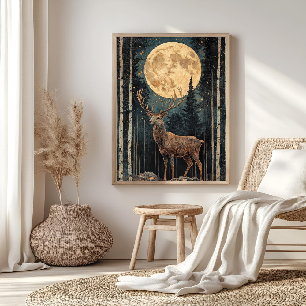 Mystical Moonlit Stag Framed Canvas, Celestial Forest Deer Print, Enchanted Wildlife Wall Decor, Woodland Lunar Canvas, Fantasy Nature Gift