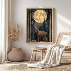 Mystical Moonlit Stag Framed Canvas, Celestial Forest Deer Print, Enchanted Wildlife Wall Decor, Woodland Lunar Canvas, Fantasy Nature Gift