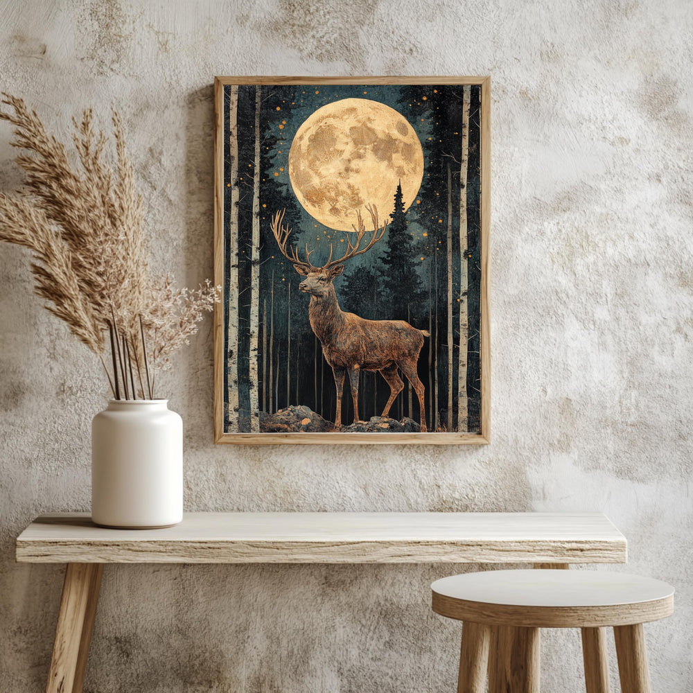 Mystical Moonlit Stag Framed Canvas, Celestial Forest Deer Print, Enchanted Wildlife Wall Decor, Woodland Lunar Canvas, Fantasy Nature Gift