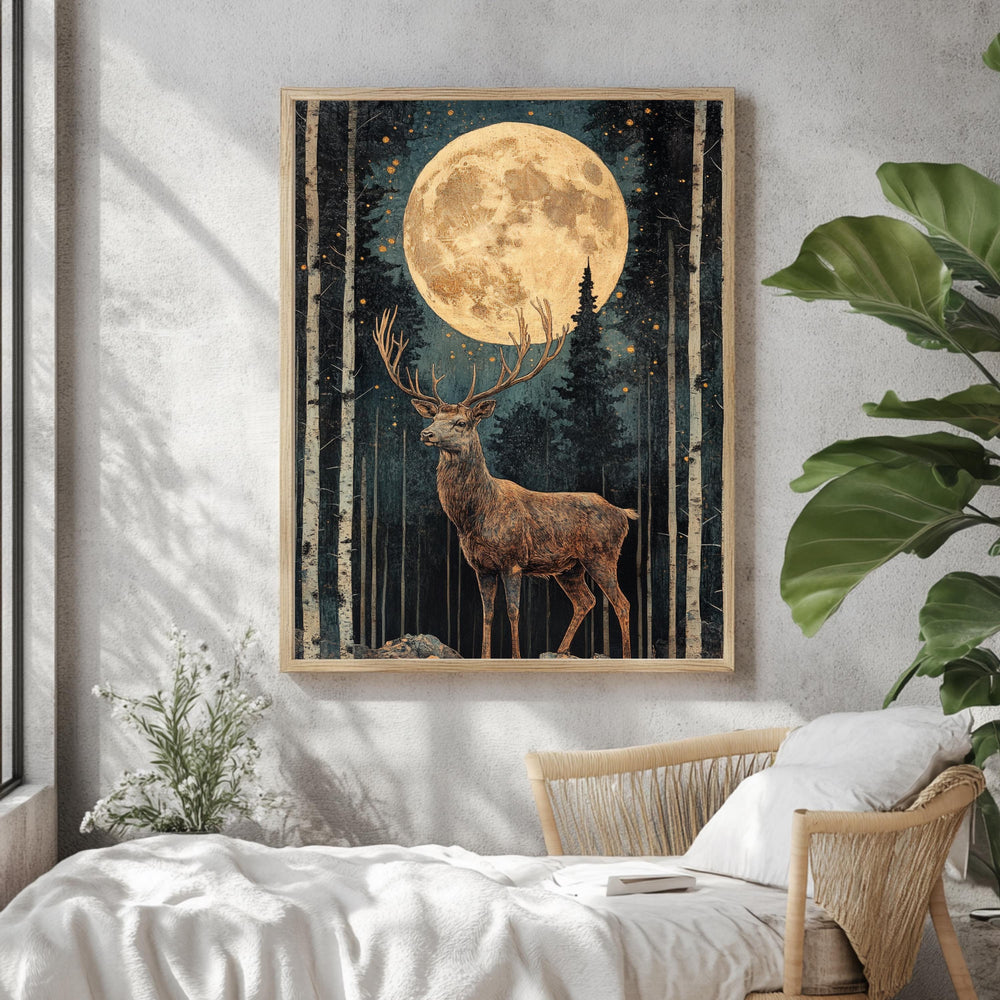 Mystical Moonlit Stag Framed Canvas, Celestial Forest Deer Print, Enchanted Wildlife Wall Decor, Woodland Lunar Canvas, Fantasy Nature Gift