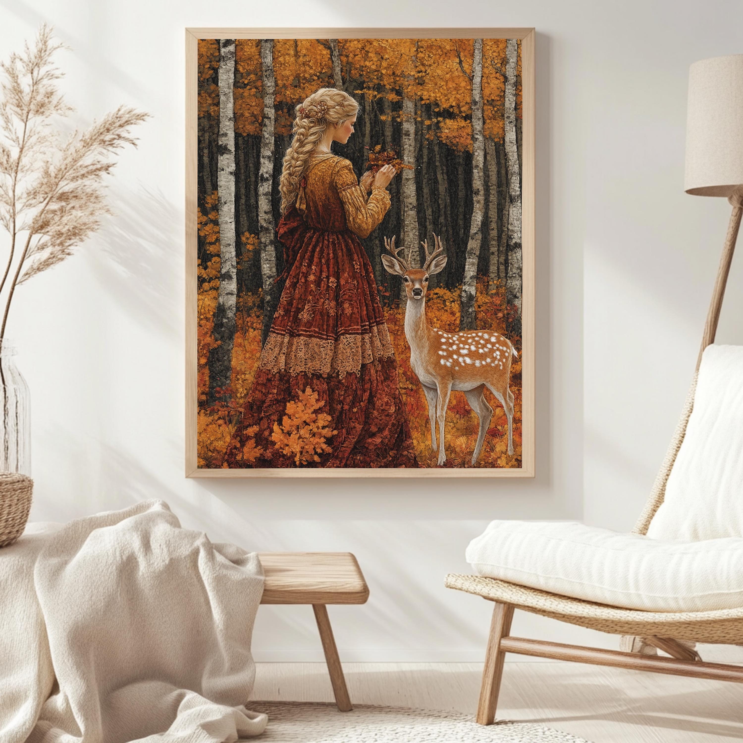 Vintage Autumn Goddess Framed Canvas, Enchanted Woodland Deer Print, Fairytale Forest Wall Art, Golden Nature Canvas, Modern Home Accent