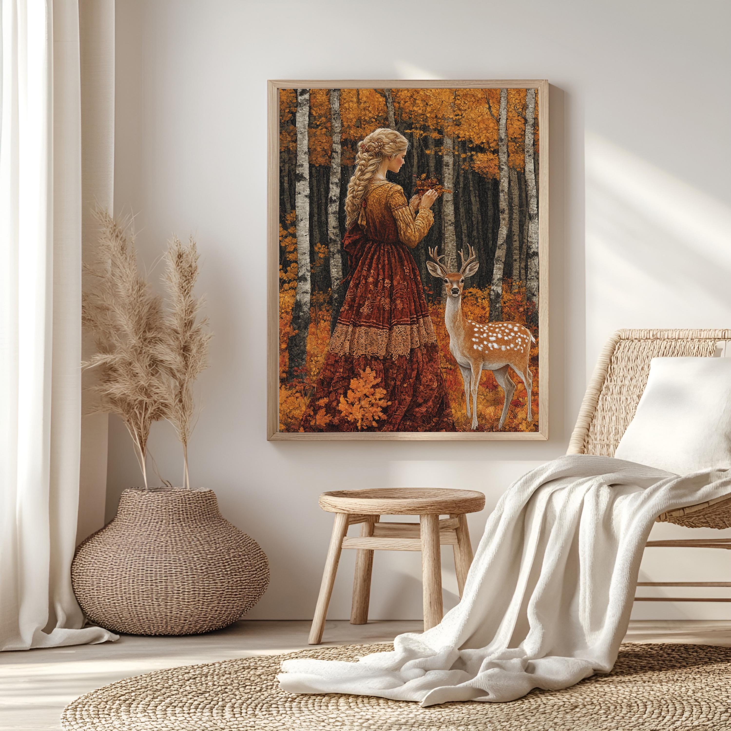 Vintage Autumn Goddess Framed Canvas, Enchanted Woodland Deer Print, Fairytale Forest Wall Art, Golden Nature Canvas, Modern Home Accent