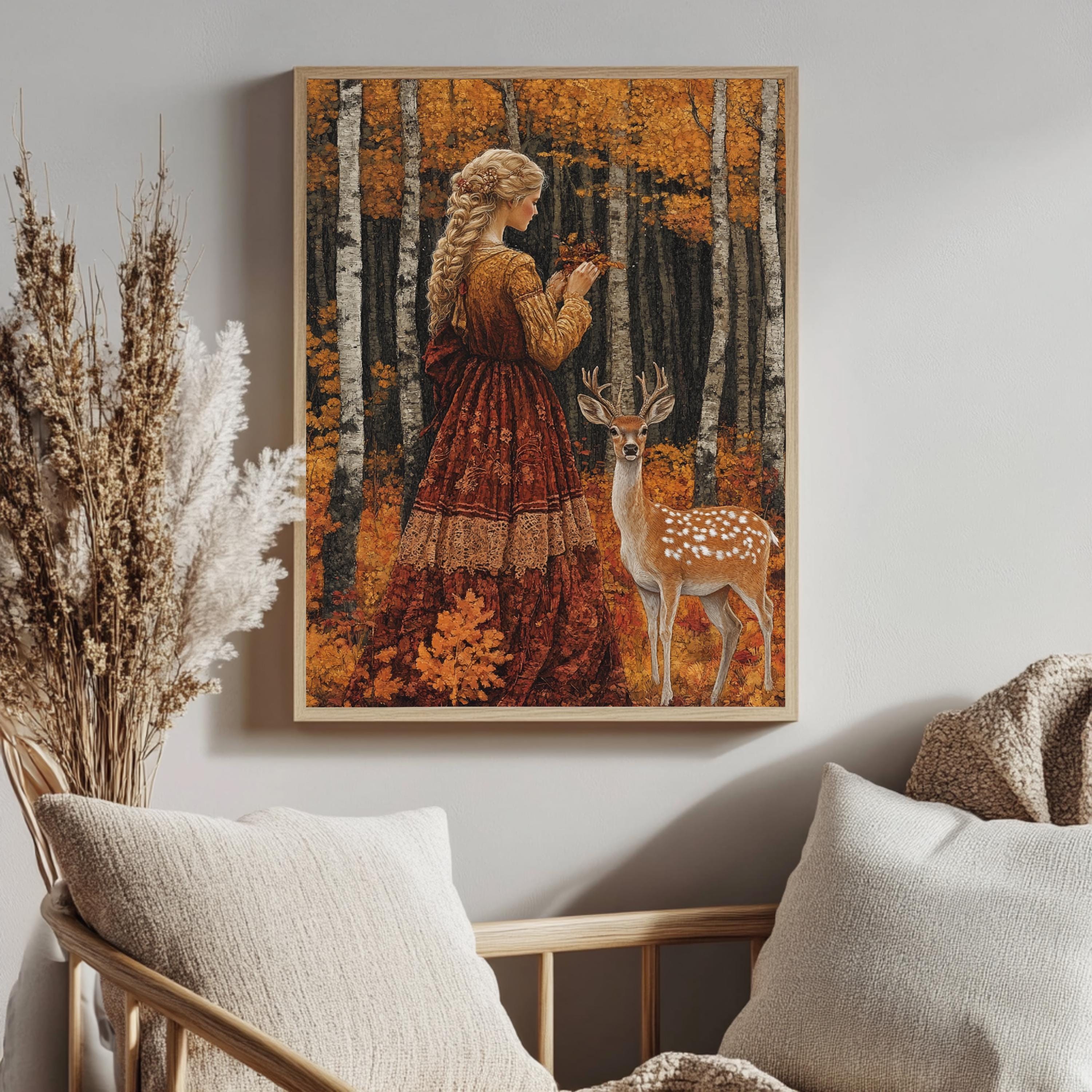 Vintage Autumn Goddess Framed Canvas, Enchanted Woodland Deer Print, Fairytale Forest Wall Art, Golden Nature Canvas, Modern Home Accent