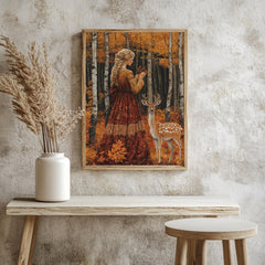 Vintage Autumn Goddess Framed Canvas, Enchanted Woodland Deer Print, Fairytale Forest Wall Art, Golden Nature Canvas, Modern Home Accent