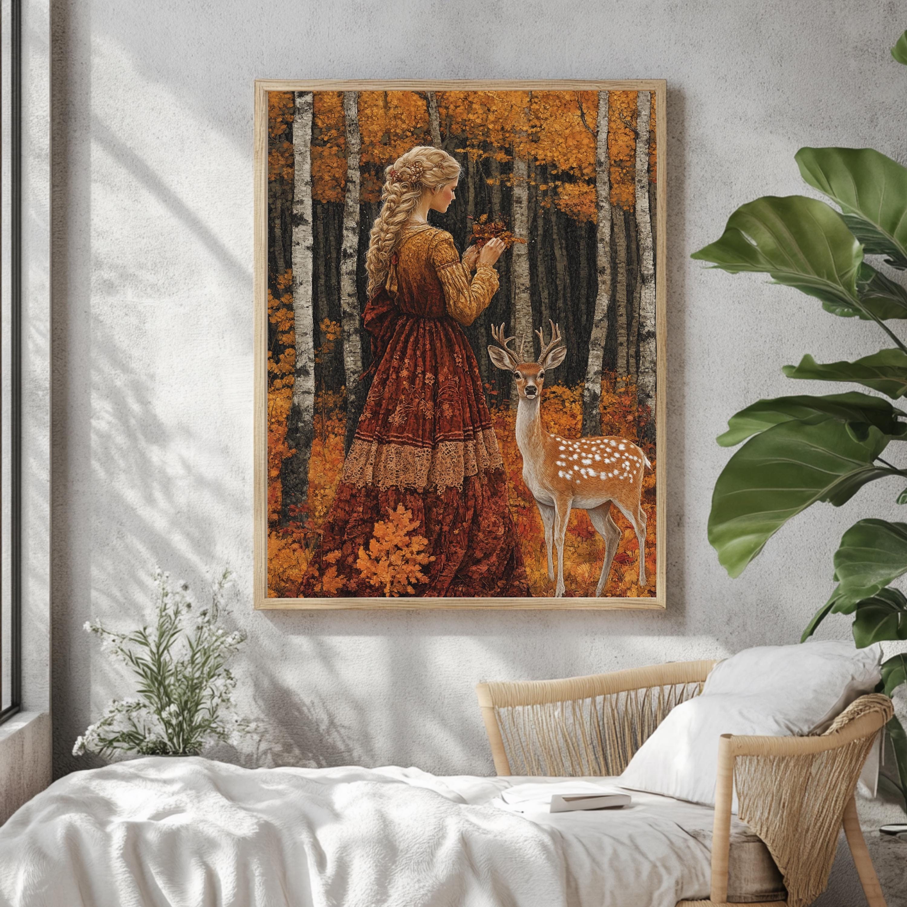 Vintage Autumn Goddess Framed Canvas, Enchanted Woodland Deer Print, Fairytale Forest Wall Art, Golden Nature Canvas, Modern Home Accent
