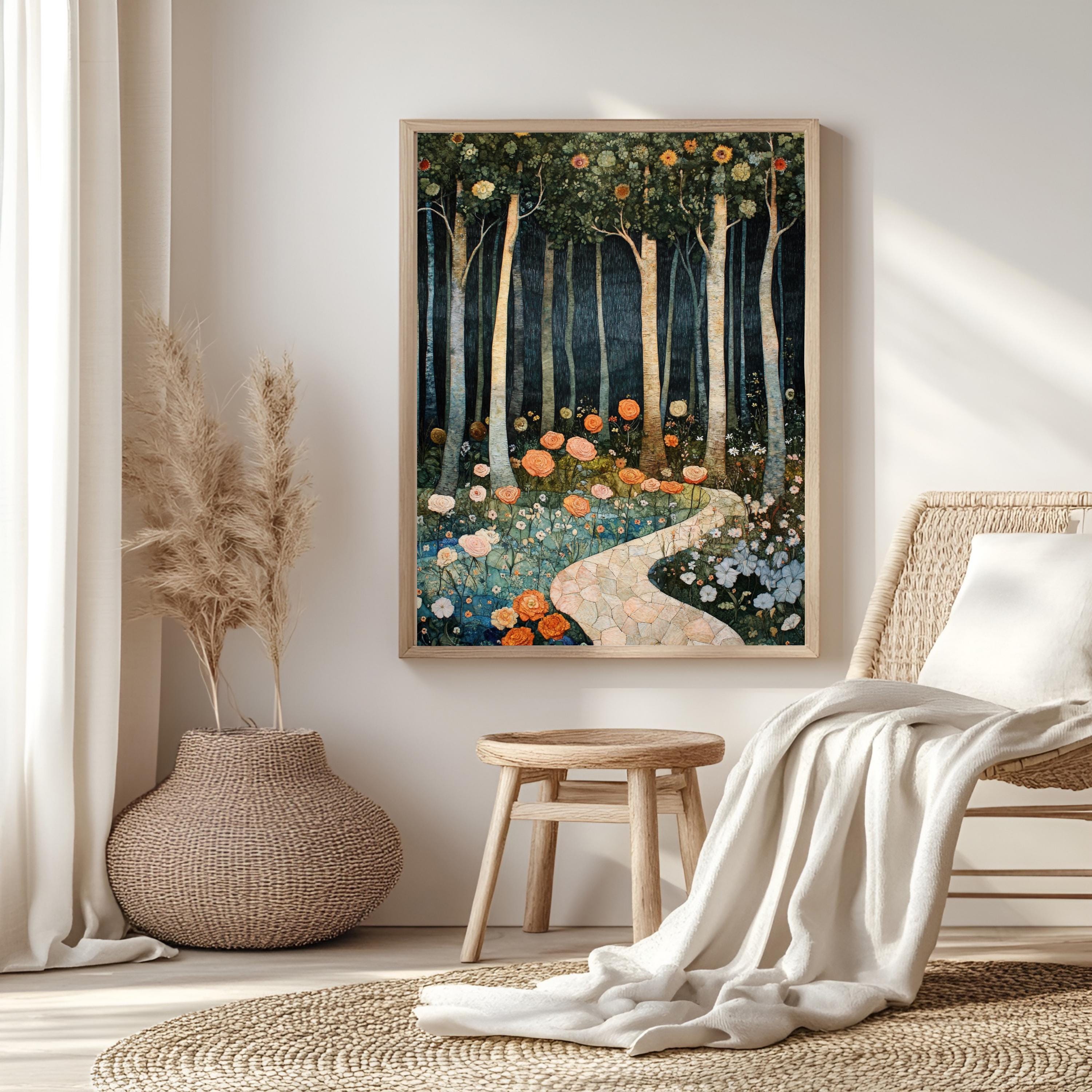 Enchanted Forest Path Framed Canvas, Floral Woodland Dreamscape, Mystical Nature Wall Art, Fairytale Garden Print, Elegant Home Decor