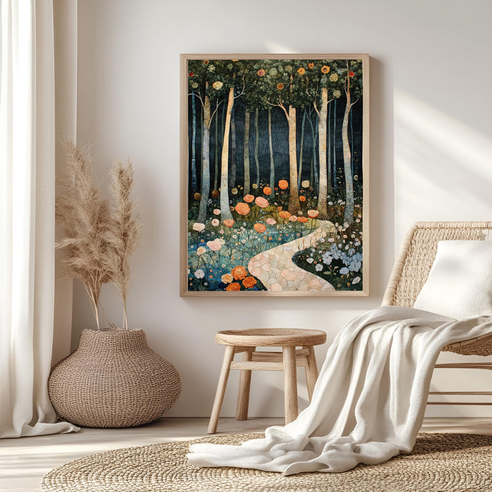 Enchanted Forest Path Framed Canvas, Floral Woodland Dreamscape, Mystical Nature Wall Art, Fairytale Garden Print, Elegant Home Decor
