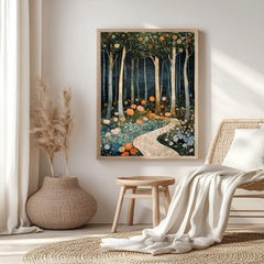Enchanted Forest Path Framed Canvas, Floral Woodland Dreamscape, Mystical Nature Wall Art, Fairytale Garden Print, Elegant Home Decor