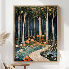 Enchanted Forest Path Framed Canvas, Floral Woodland Dreamscape, Mystical Nature Wall Art, Fairytale Garden Print, Elegant Home Decor