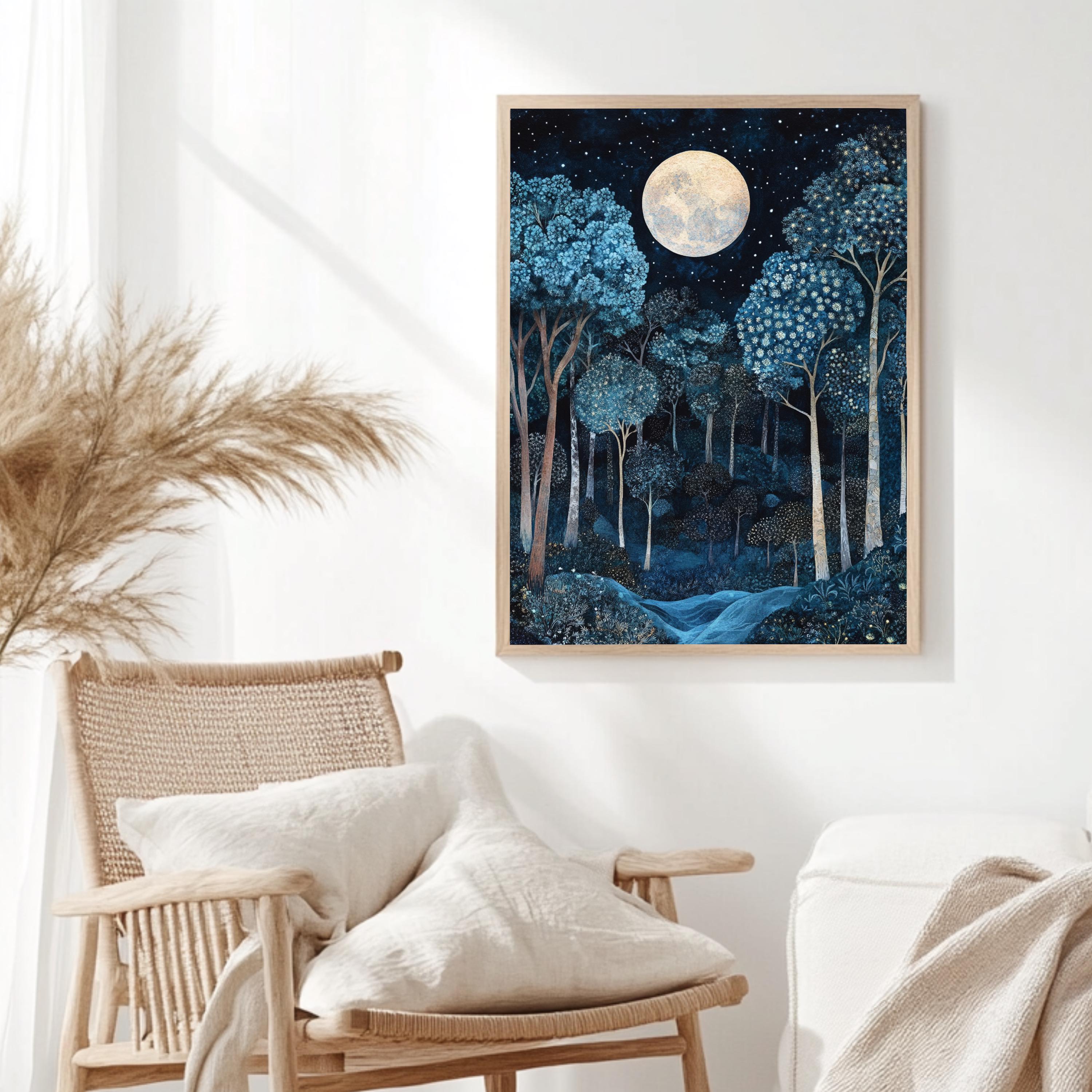Moonlit Enchanted Forest Framed Canvas, Mystical Night Woodland, Dreamy Celestial Nature Wall Art, Cozy Home Accent