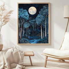Moonlit Enchanted Forest Framed Canvas, Mystical Night Woodland, Dreamy Celestial Nature Wall Art, Cozy Home Accent