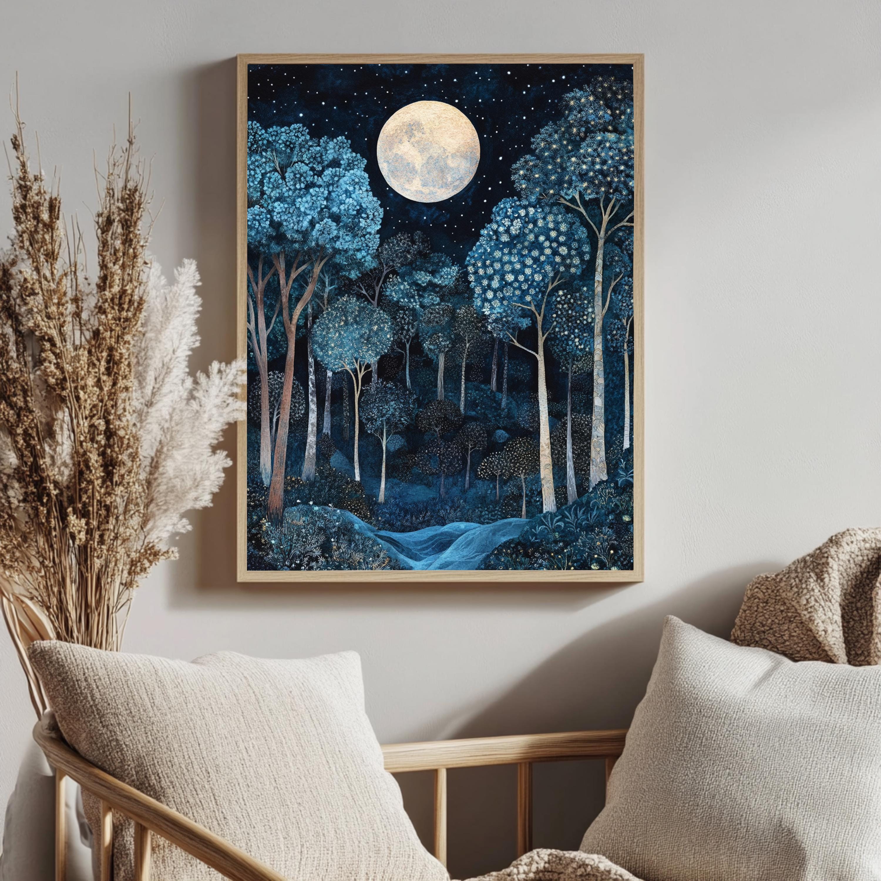 Moonlit Enchanted Forest Framed Canvas, Mystical Night Woodland, Dreamy Celestial Nature Wall Art, Cozy Home Accent