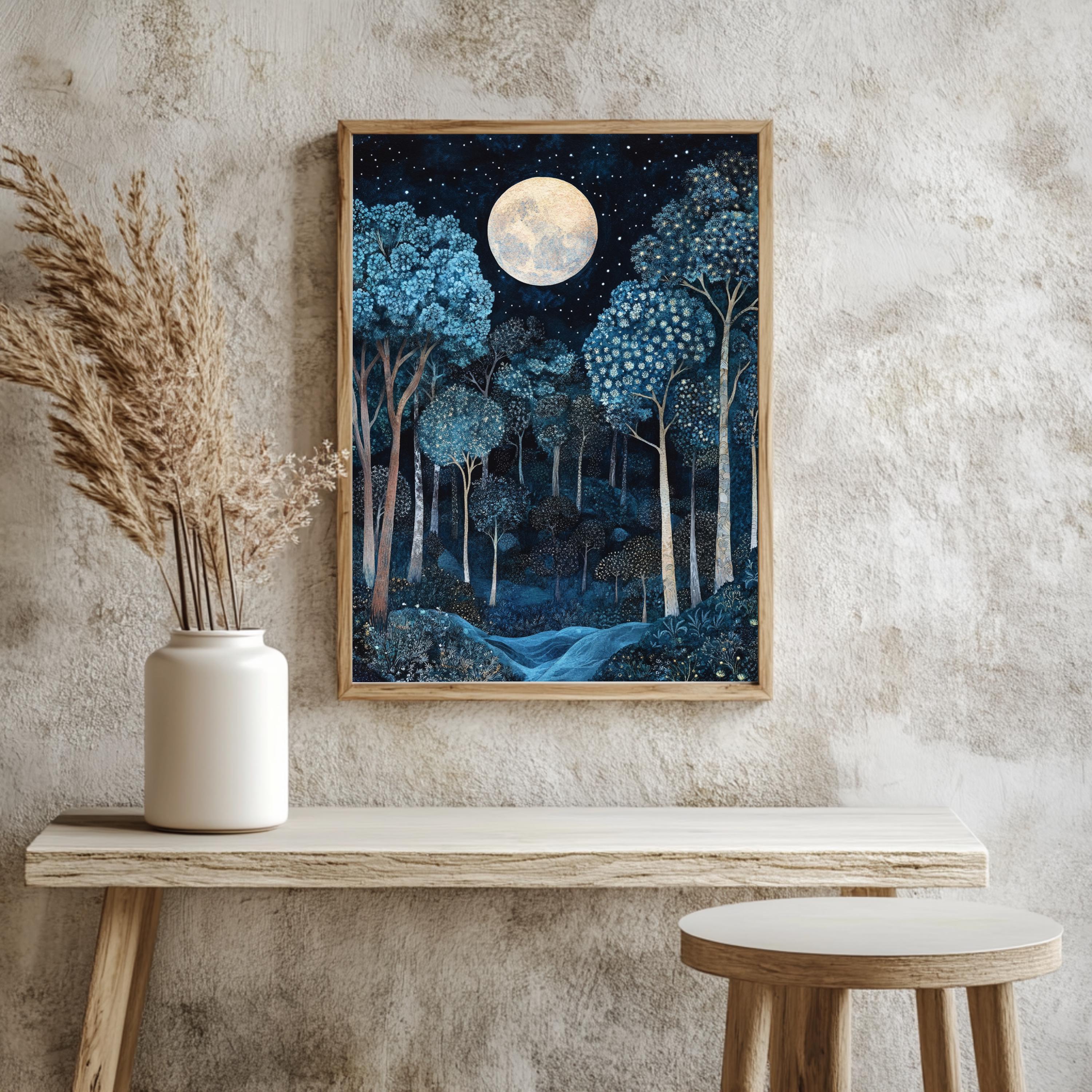 Moonlit Enchanted Forest Framed Canvas, Mystical Night Woodland, Dreamy Celestial Nature Wall Art, Cozy Home Accent