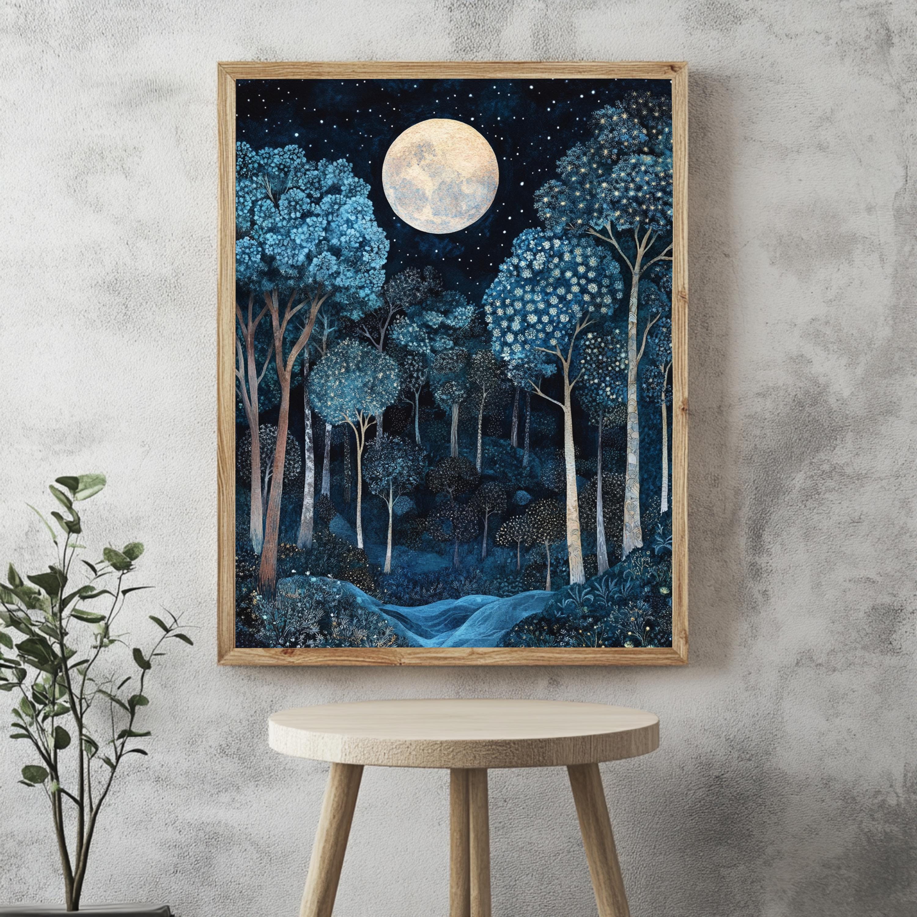Moonlit Enchanted Forest Framed Canvas, Mystical Night Woodland, Dreamy Celestial Nature Wall Art, Cozy Home Accent