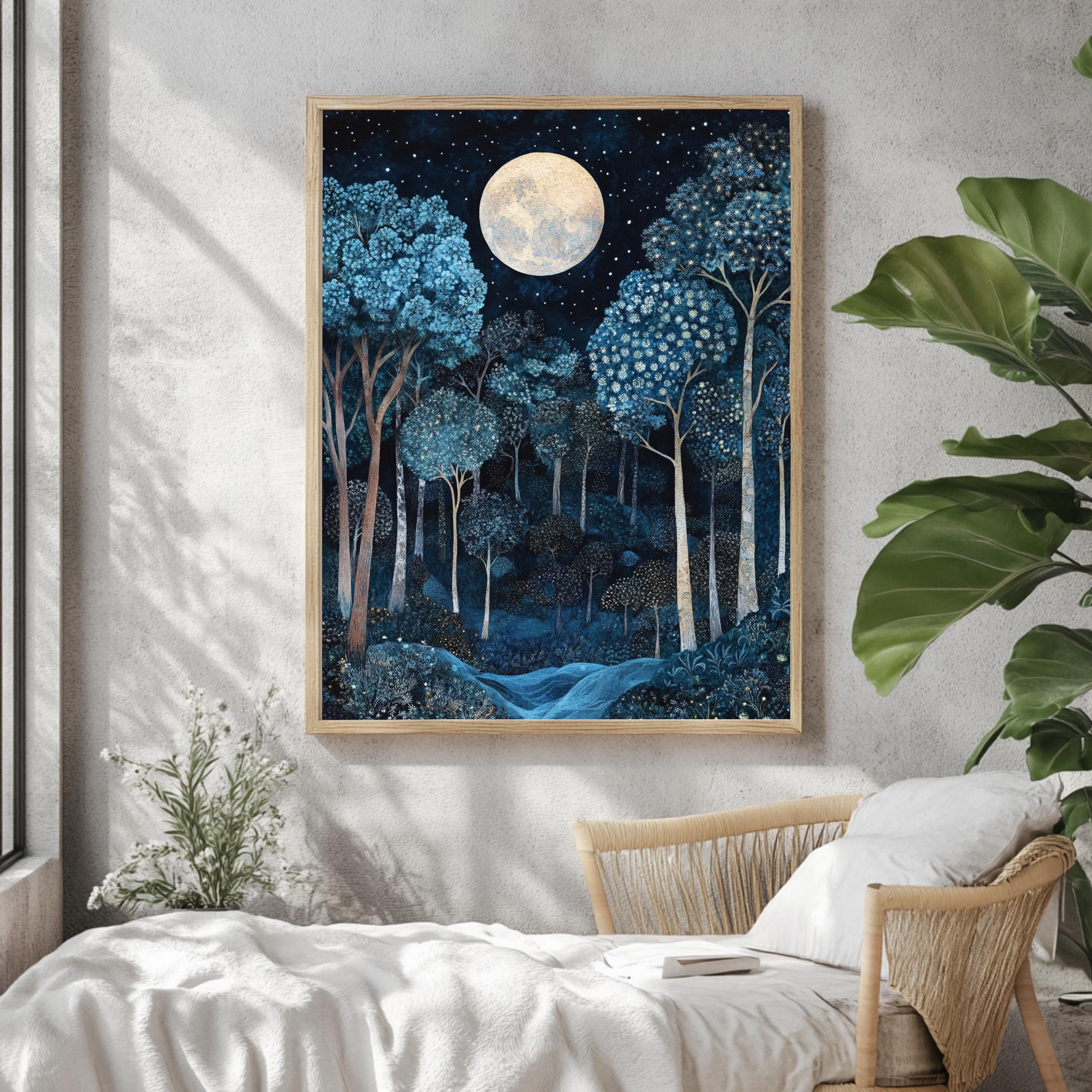 Moonlit Enchanted Forest Framed Canvas, Mystical Night Woodland, Dreamy Celestial Nature Wall Art, Cozy Home Accent