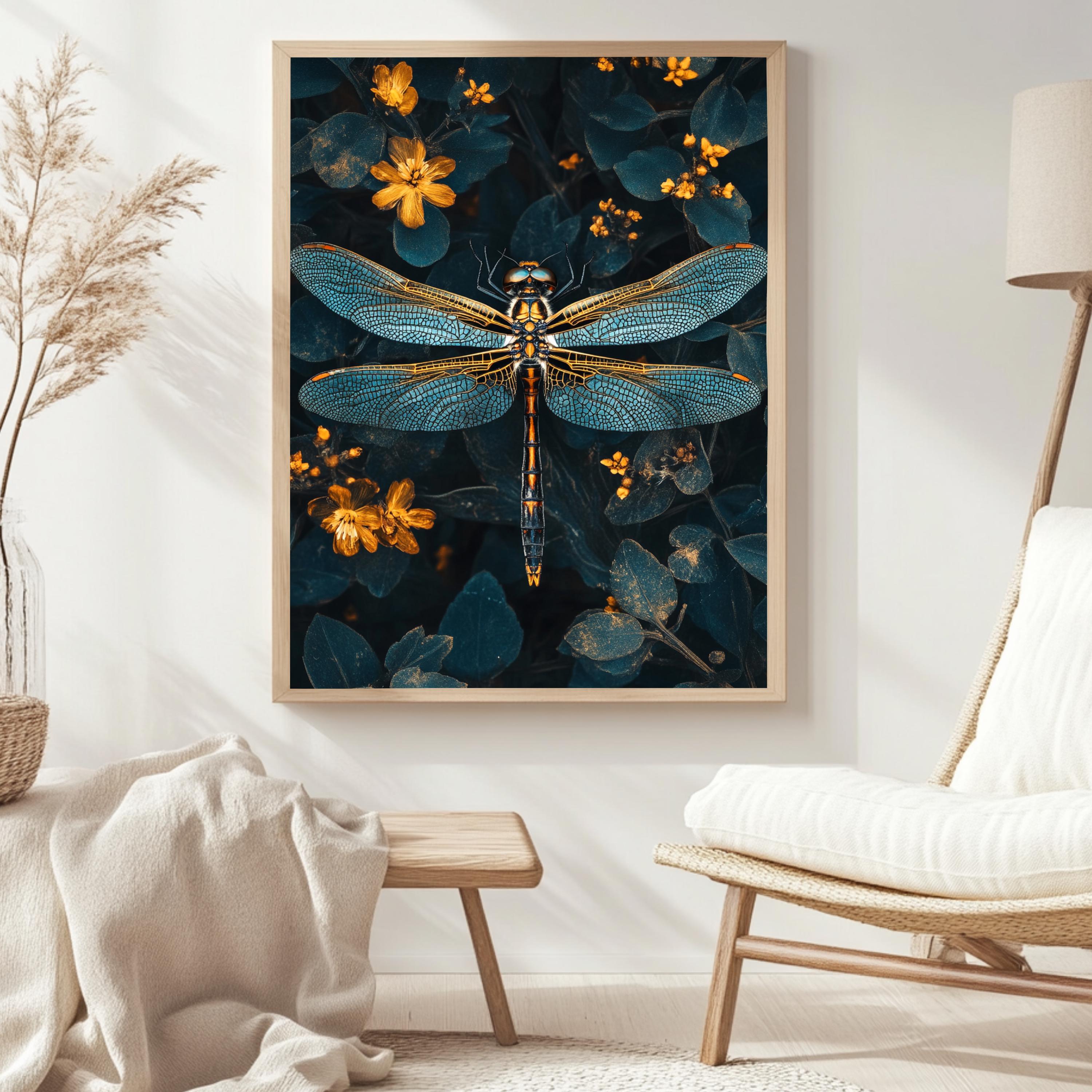 Celestial Dragonfly Framed Canvas, Mystic Insect Art, Golden Floral Nature Print, Elegant Botanical Wall Decor, Floral Fantasy Home Accent