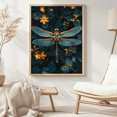 Celestial Dragonfly Framed Canvas, Mystic Insect Art, Golden Floral Nature Print, Elegant Botanical Wall Decor, Floral Fantasy Home Accent
