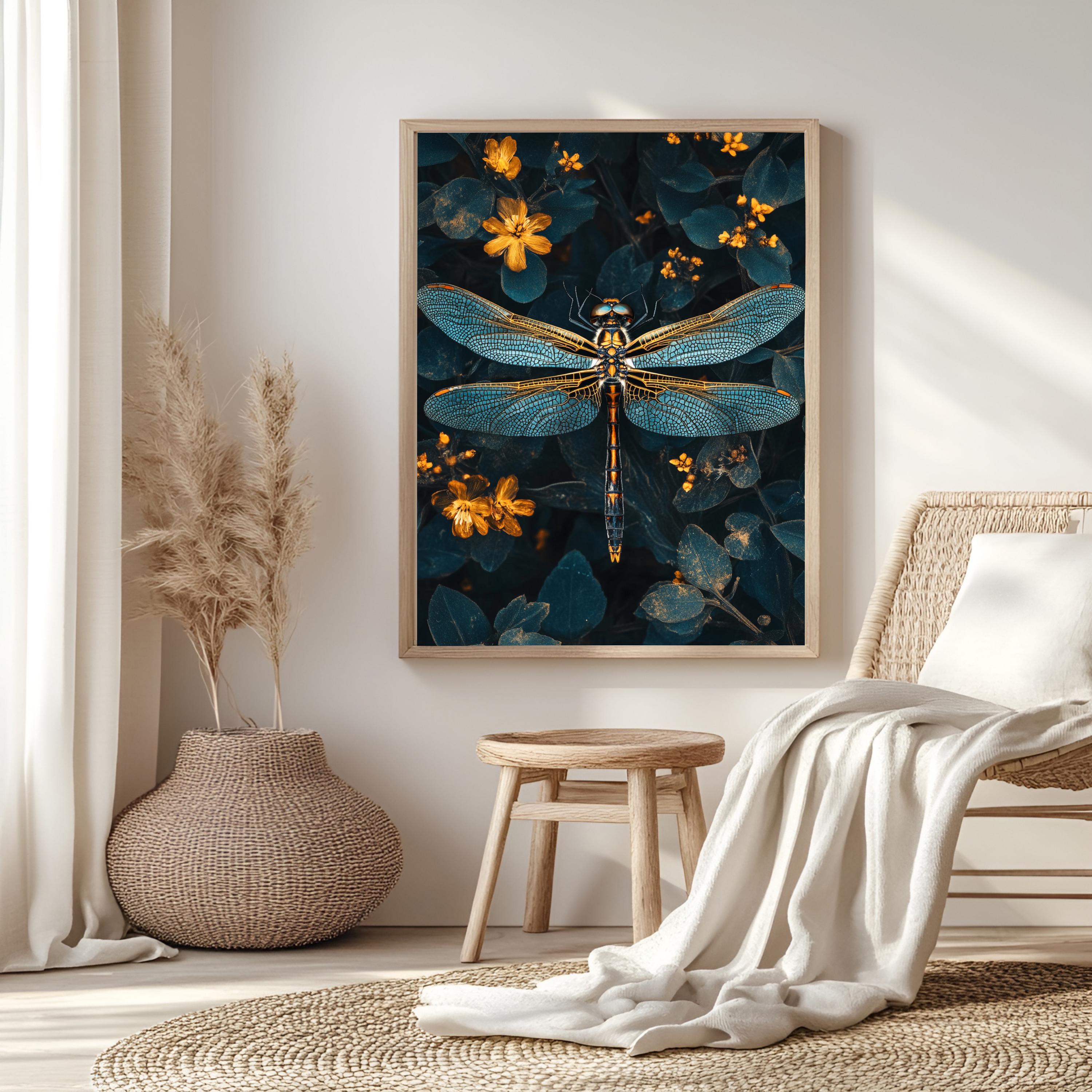 Celestial Dragonfly Framed Canvas, Mystic Insect Art, Golden Floral Nature Print, Elegant Botanical Wall Decor, Floral Fantasy Home Accent
