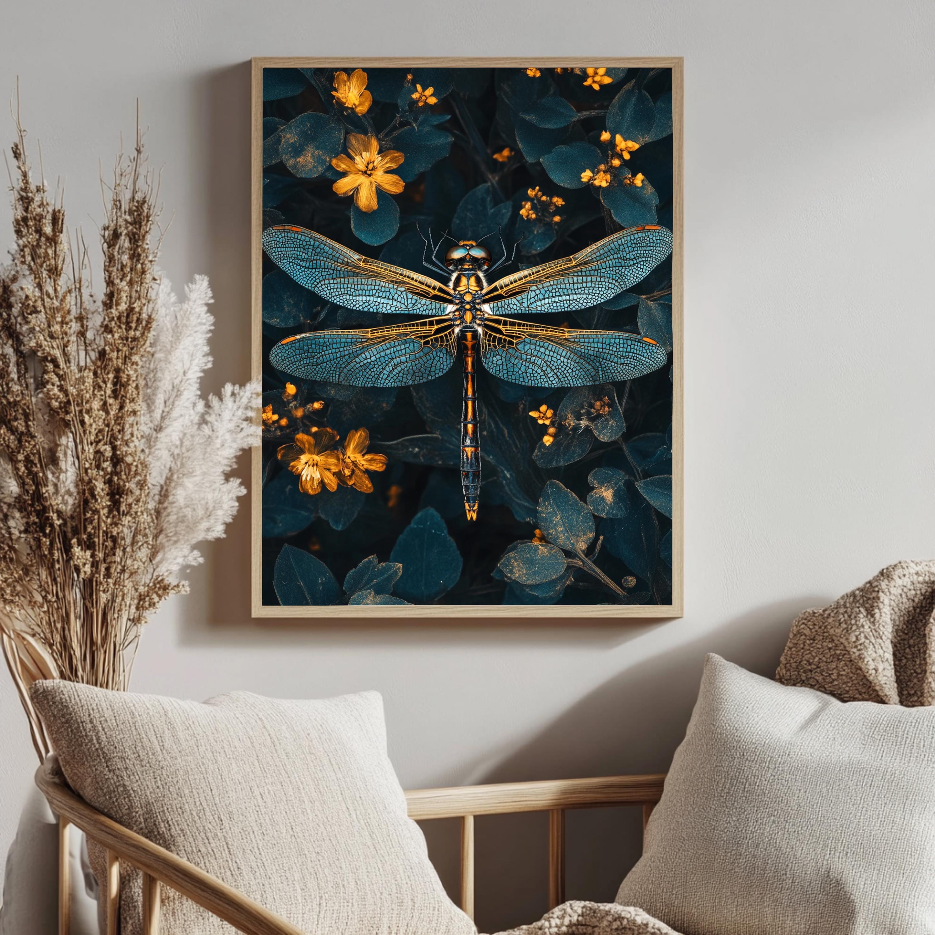 Celestial Dragonfly Framed Canvas, Mystic Insect Art, Golden Floral Nature Print, Elegant Botanical Wall Decor, Floral Fantasy Home Accent