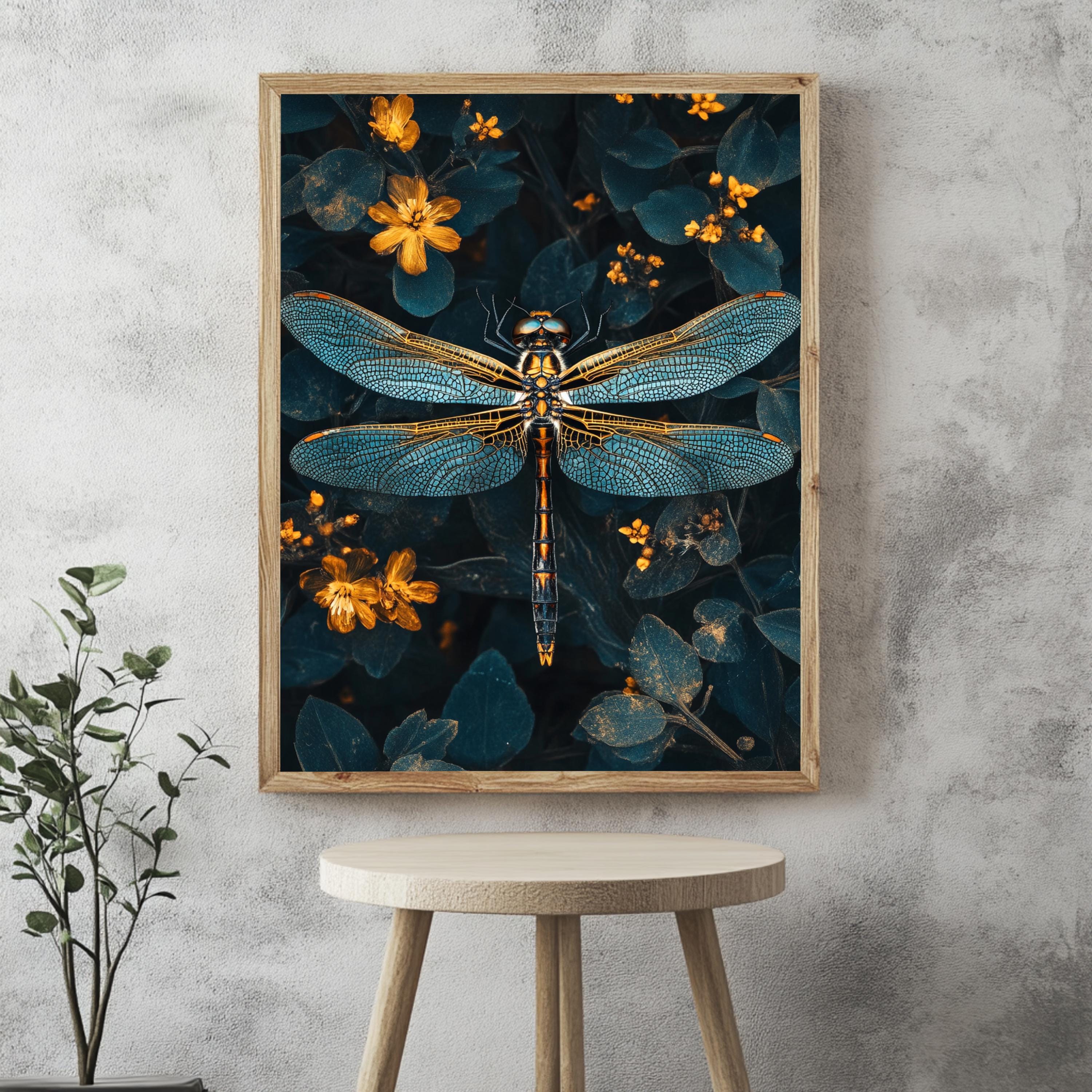 Celestial Dragonfly Framed Canvas, Mystic Insect Art, Golden Floral Nature Print, Elegant Botanical Wall Decor, Floral Fantasy Home Accent