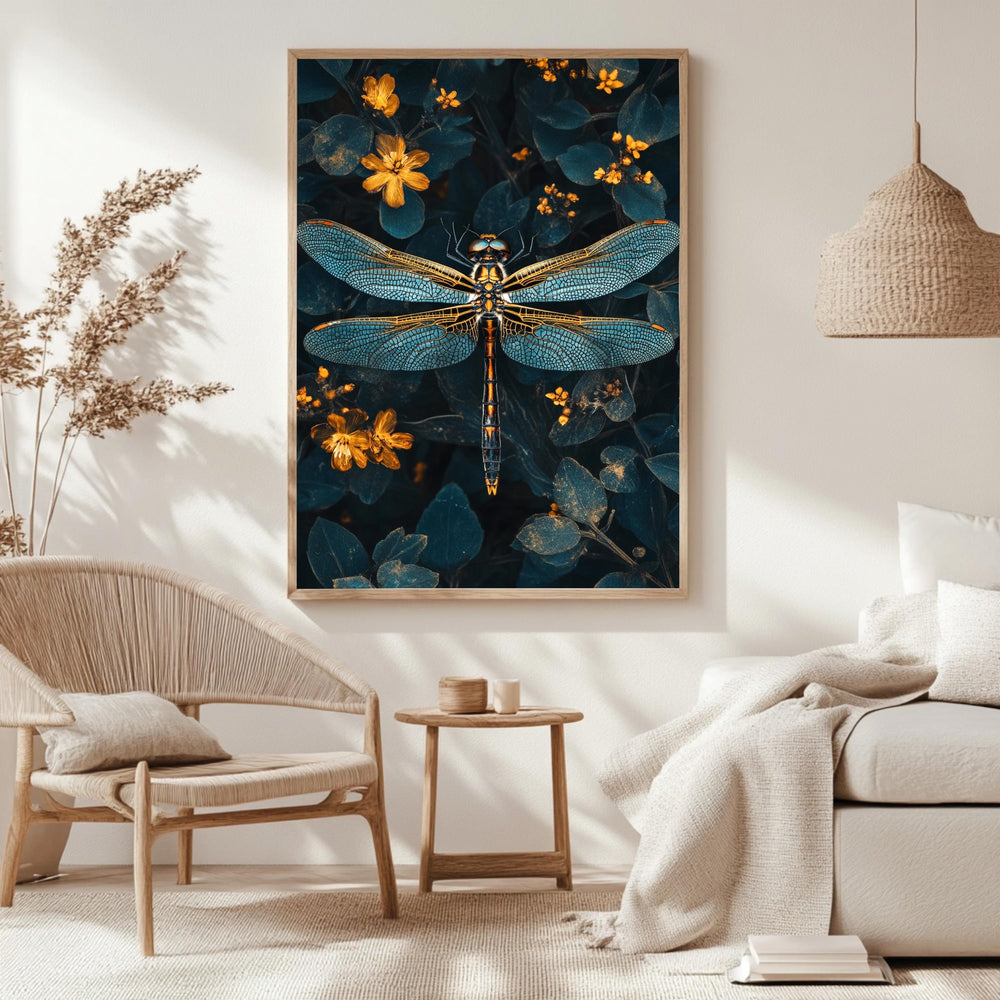 Celestial Dragonfly Framed Canvas, Mystic Insect Art, Golden Floral Nature Print, Elegant Botanical Wall Decor, Floral Fantasy Home Accent