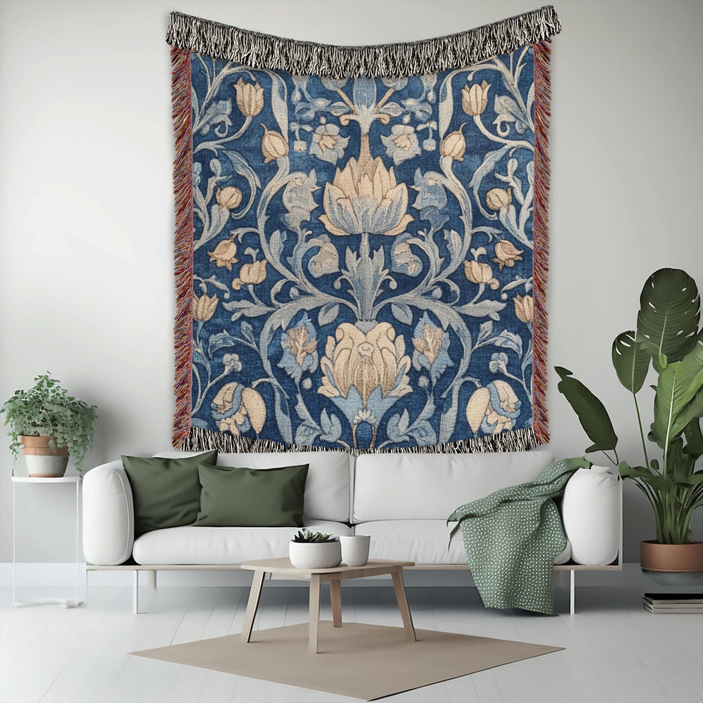 Blue Vintage Throw Blanket, Cotton Woven Blanket, Cozy Picnic Blanket, Vintage Floral Blanket, William Morris Inspired Blanket Gift for Mom