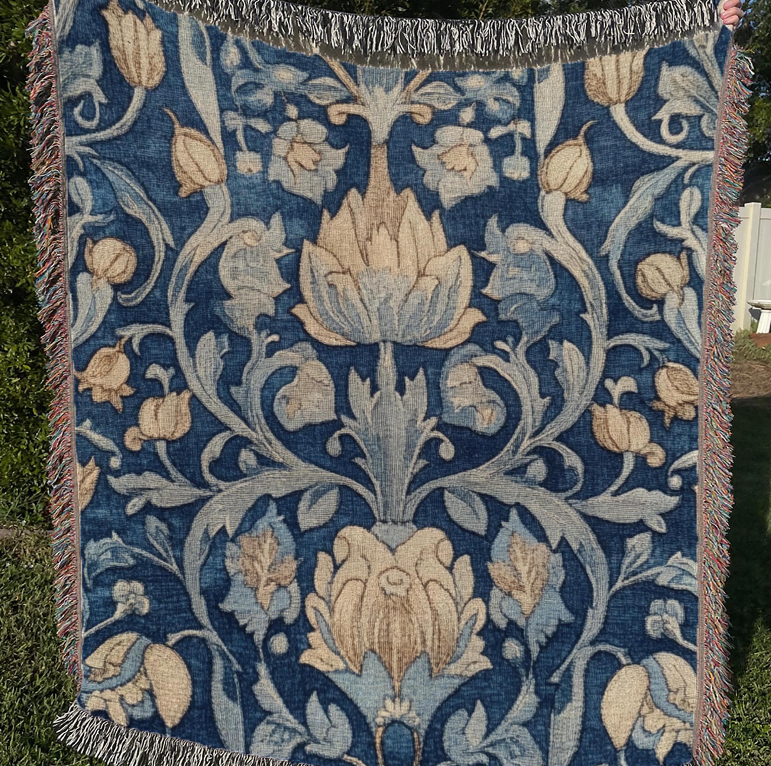 Blue Vintage Throw Blanket, Cotton Woven Blanket, Cozy Picnic Blanket, Vintage Floral Blanket, William Morris Inspired Blanket Gift for Mom