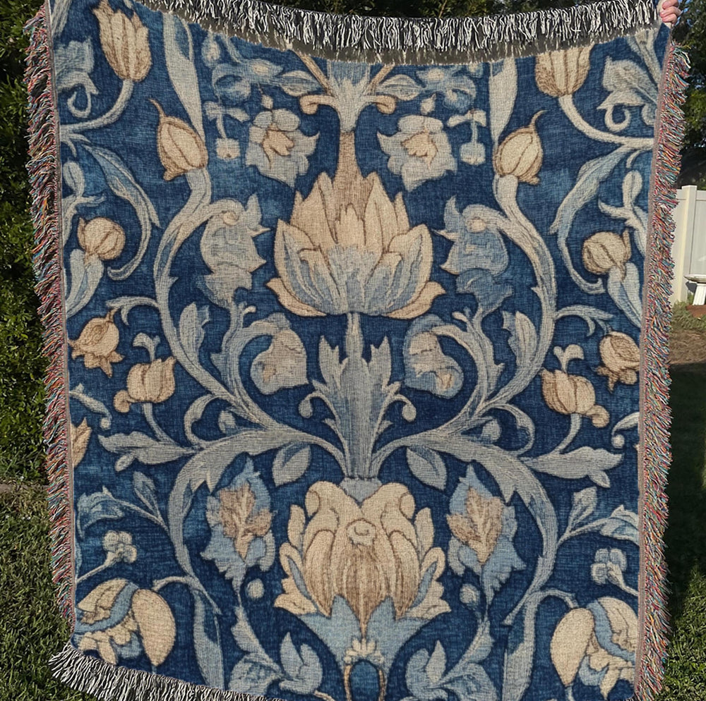Blue Vintage Throw Blanket, Cotton Woven Blanket, Cozy Picnic Blanket, Vintage Floral Blanket, William Morris Inspired Blanket Gift for Mom