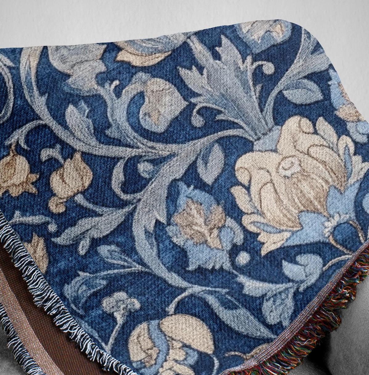 Blue Vintage Throw Blanket, Cotton Woven Blanket, Cozy Picnic Blanket, Vintage Floral Blanket, William Morris Inspired Blanket Gift for Mom