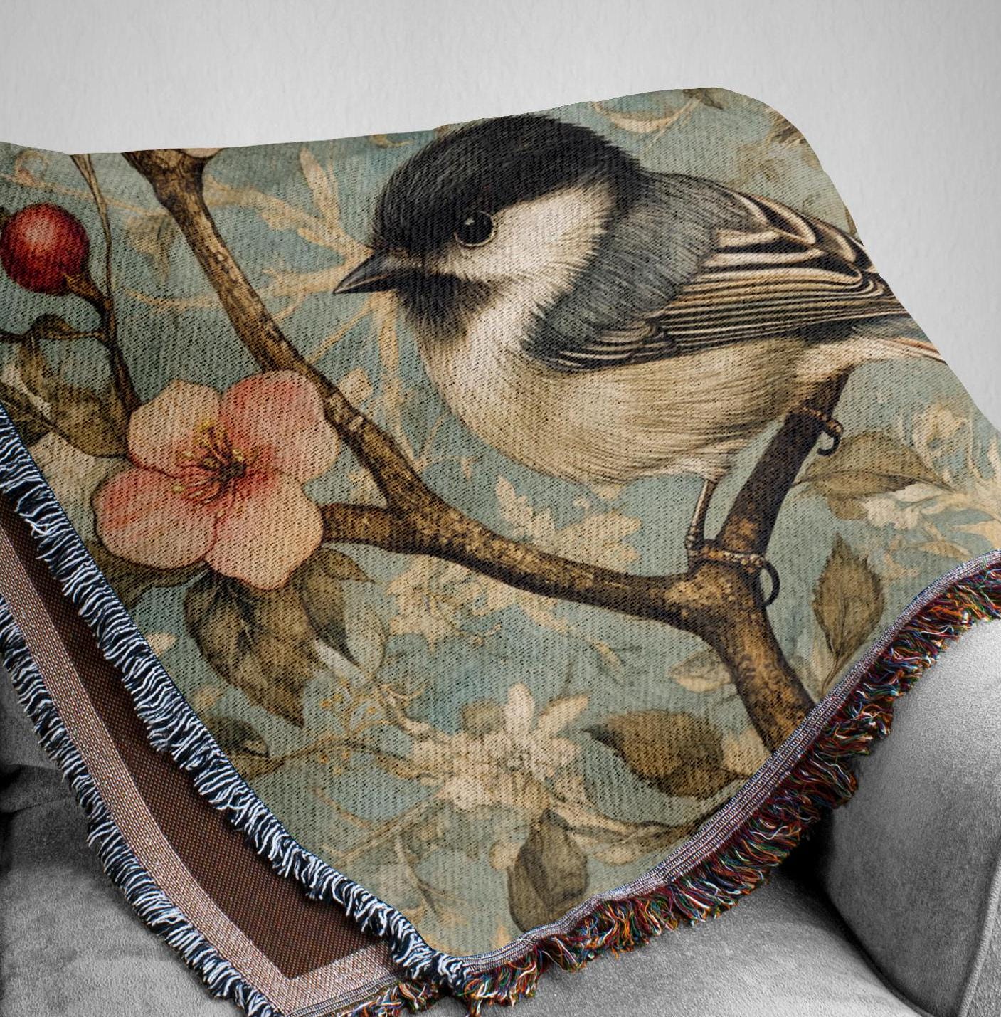 Vintage Bird Throw Blanket, William Morris Inspired Woven Blanket, Reading Blanket, Picnic Blanket, Blanket for Movie Night, New Home Gift