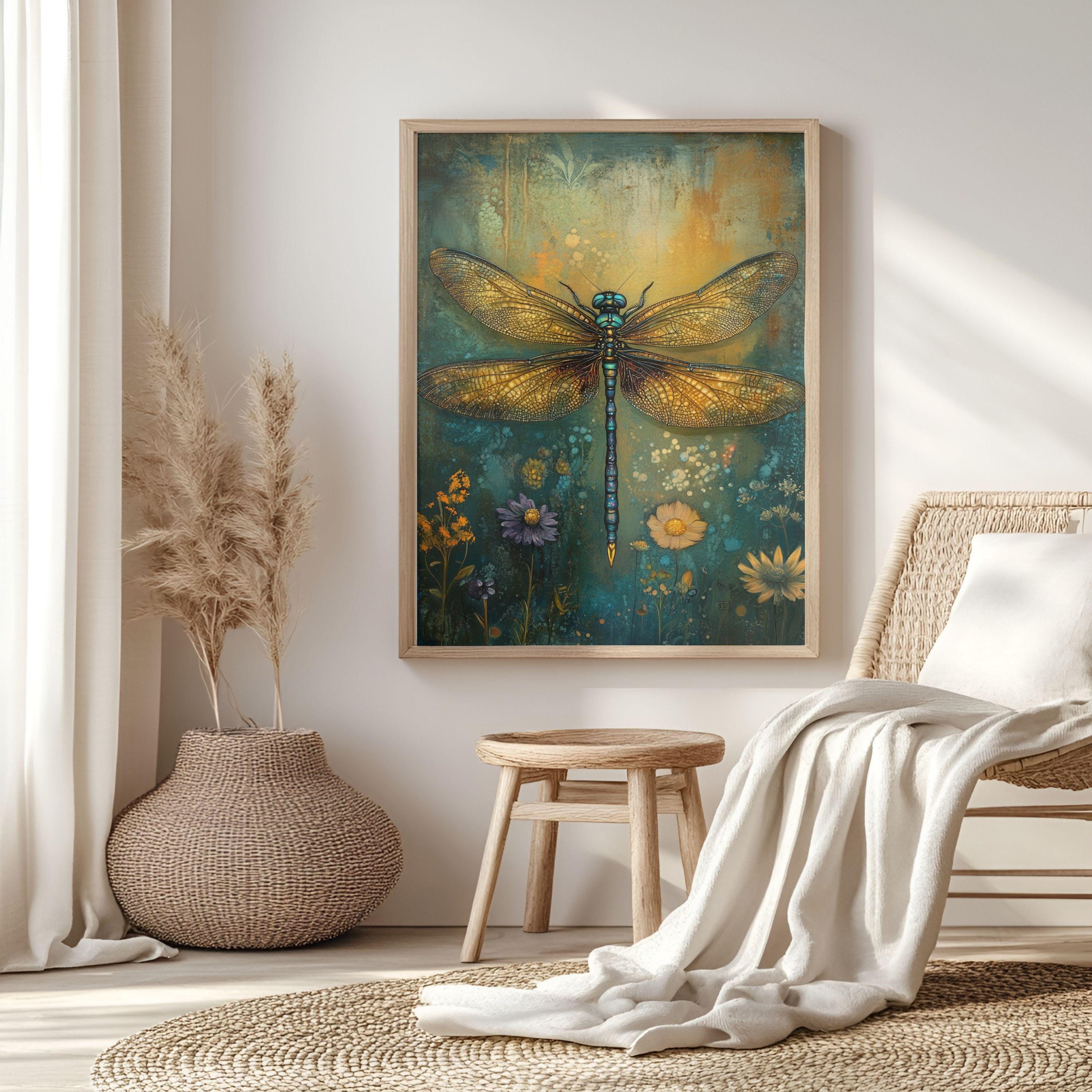 Enchanting Dragonfly Wooden Framed Art, Nature Inspired Dragonfly Print, Boho Insect Wall Decor, Whimsical Dragonfly Artwork
