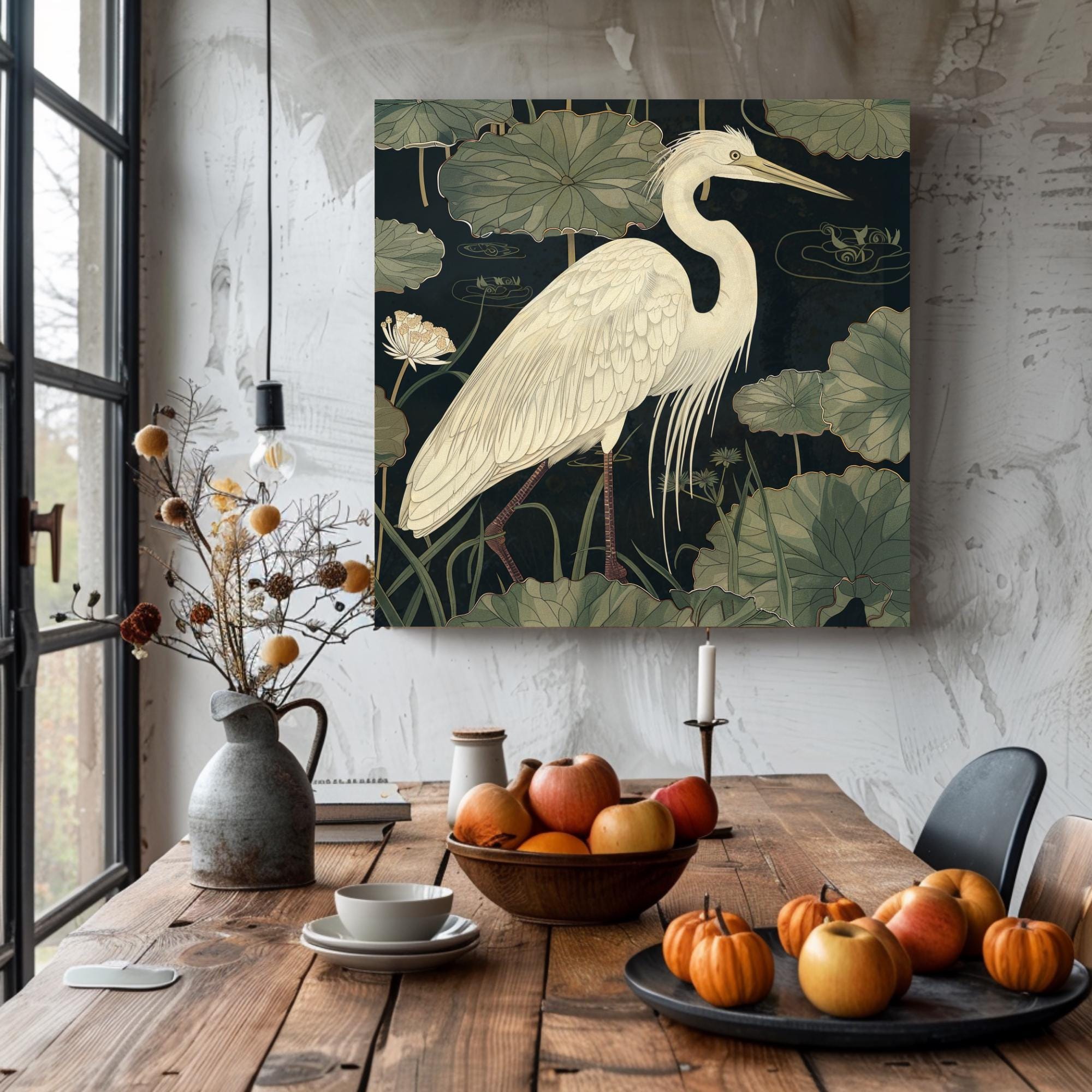 Vintage Egret Wall Art, William Morris Inspired Framed Canvas, Floral Wall Accent, Nature Home Decor, Egret Framed Art, Botanical Decor