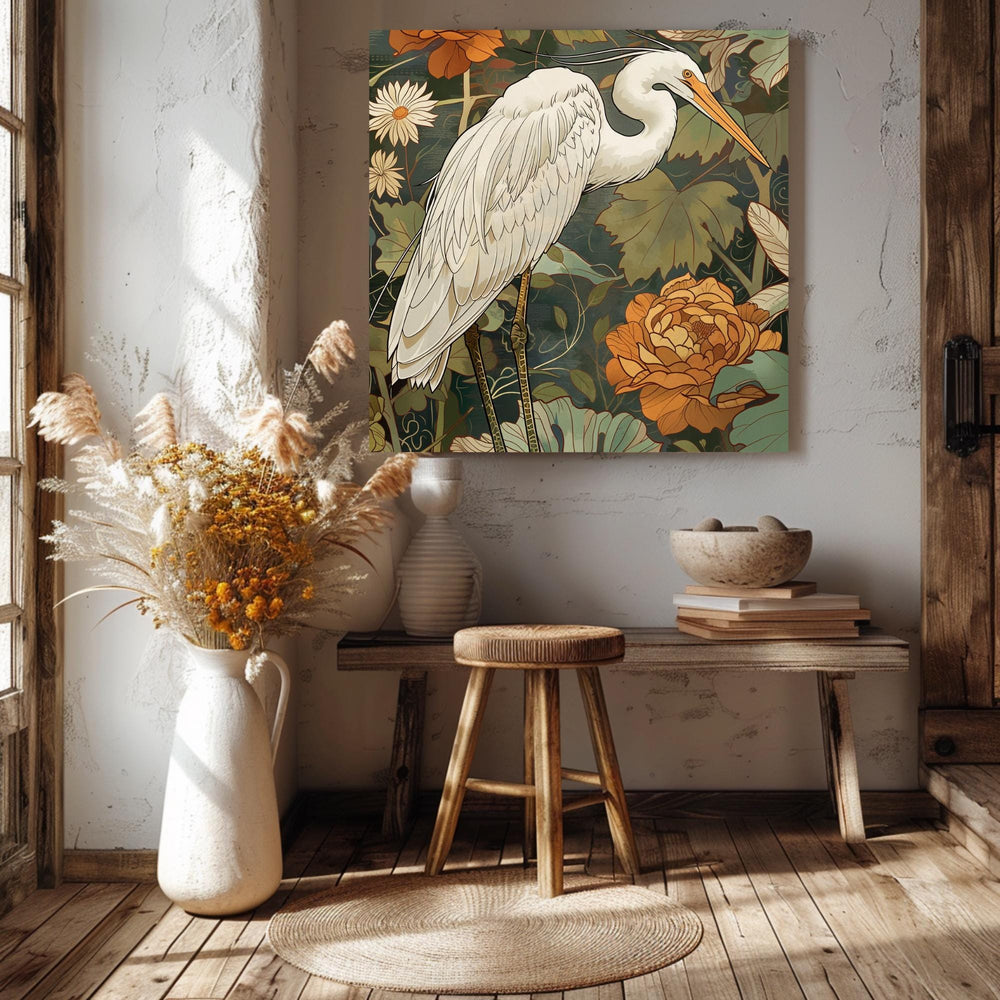 White Egret Canvas William Morris Inspired Wall Art, Botanical Bird Print, Vintage Wall Decor, Botanical Home Accent, Nature Framed Art