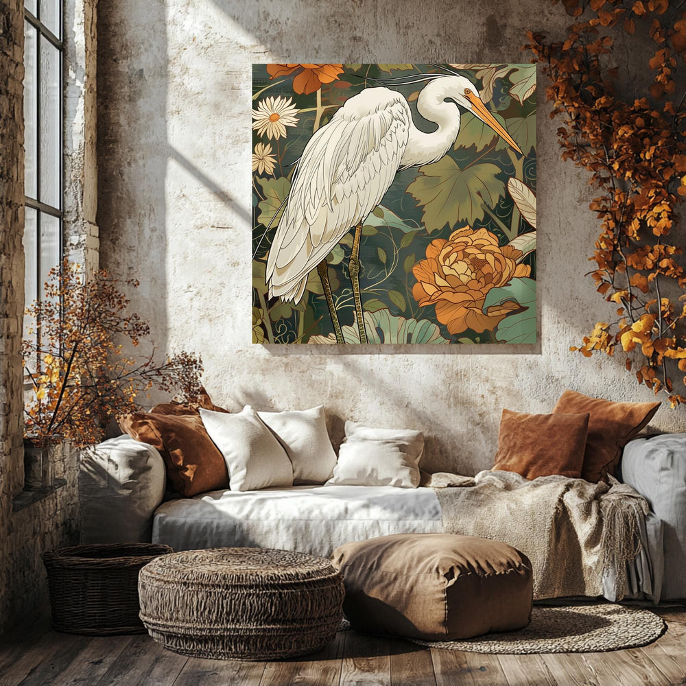 White Egret Canvas William Morris Inspired Wall Art, Botanical Bird Print, Vintage Wall Decor, Botanical Home Accent, Nature Framed Art