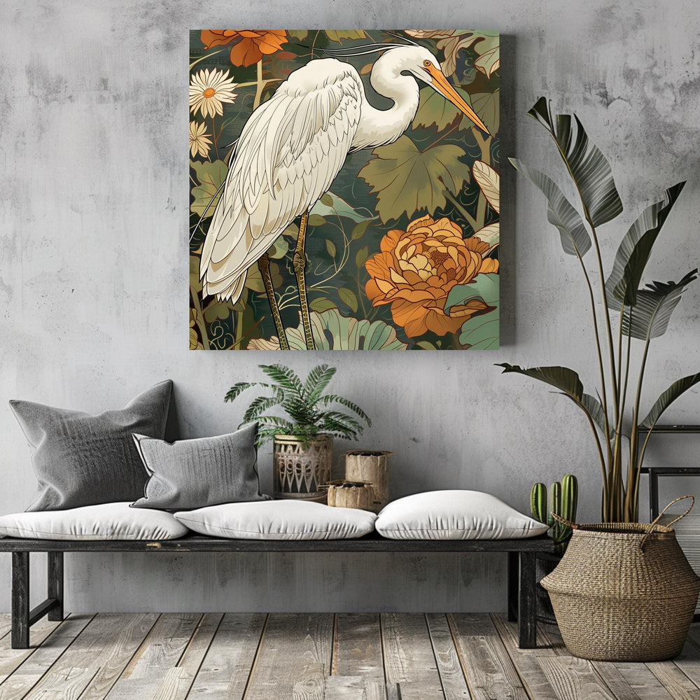 White Egret Canvas William Morris Inspired Wall Art, Botanical Bird Print, Vintage Wall Decor, Botanical Home Accent, Nature Framed Art
