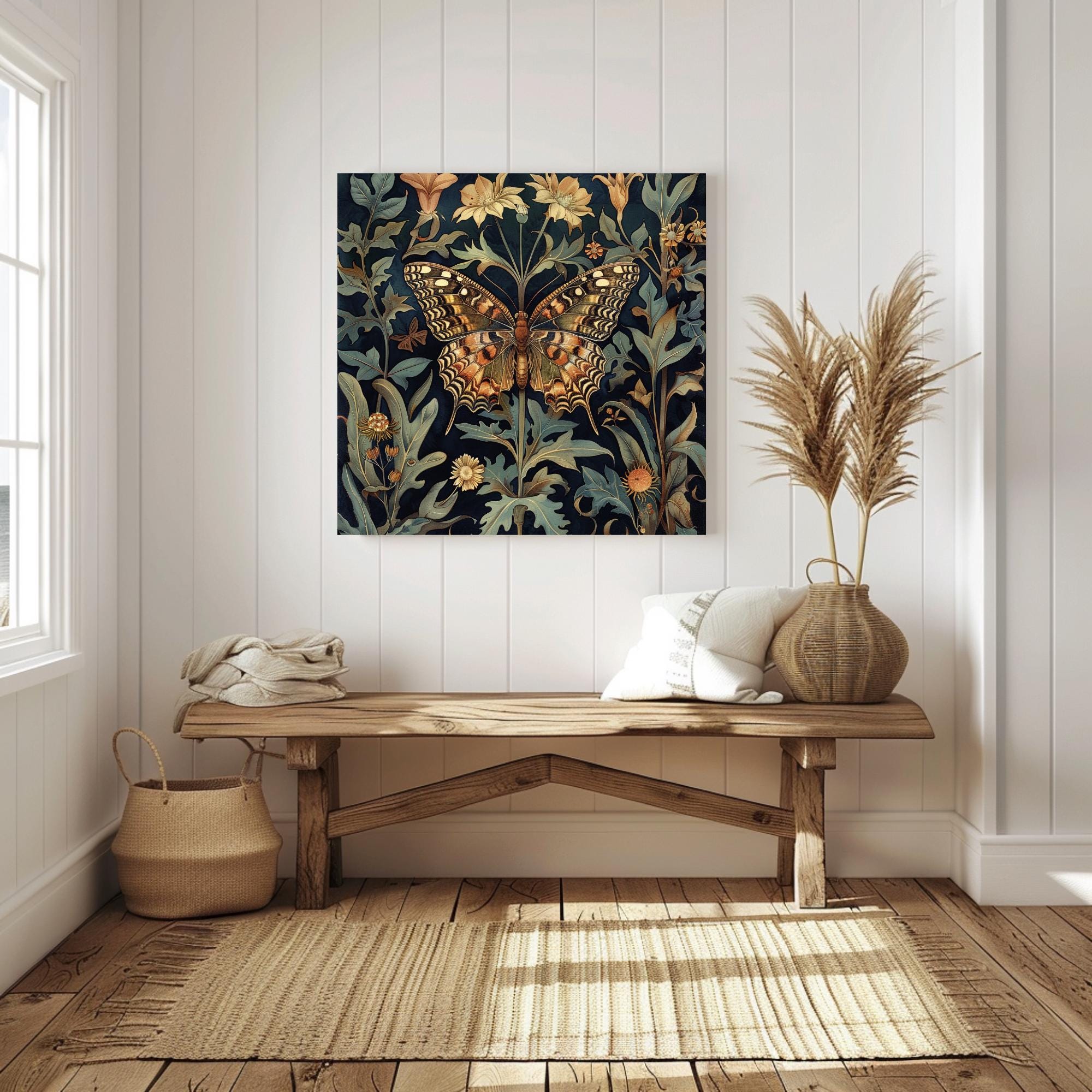 Botanical Butterfly Canvas Art, William Morris Inspired Print, Vintage Nature Home Accent, Vintage Insect Poster, Floral Framed Wall Art