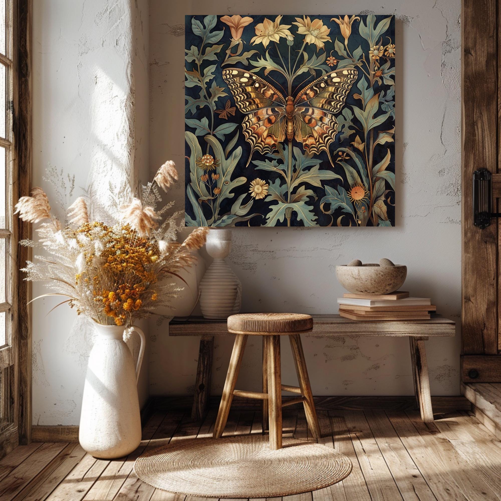Botanical Butterfly Canvas Art, William Morris Inspired Print, Vintage Nature Home Accent, Vintage Insect Poster, Floral Framed Wall Art