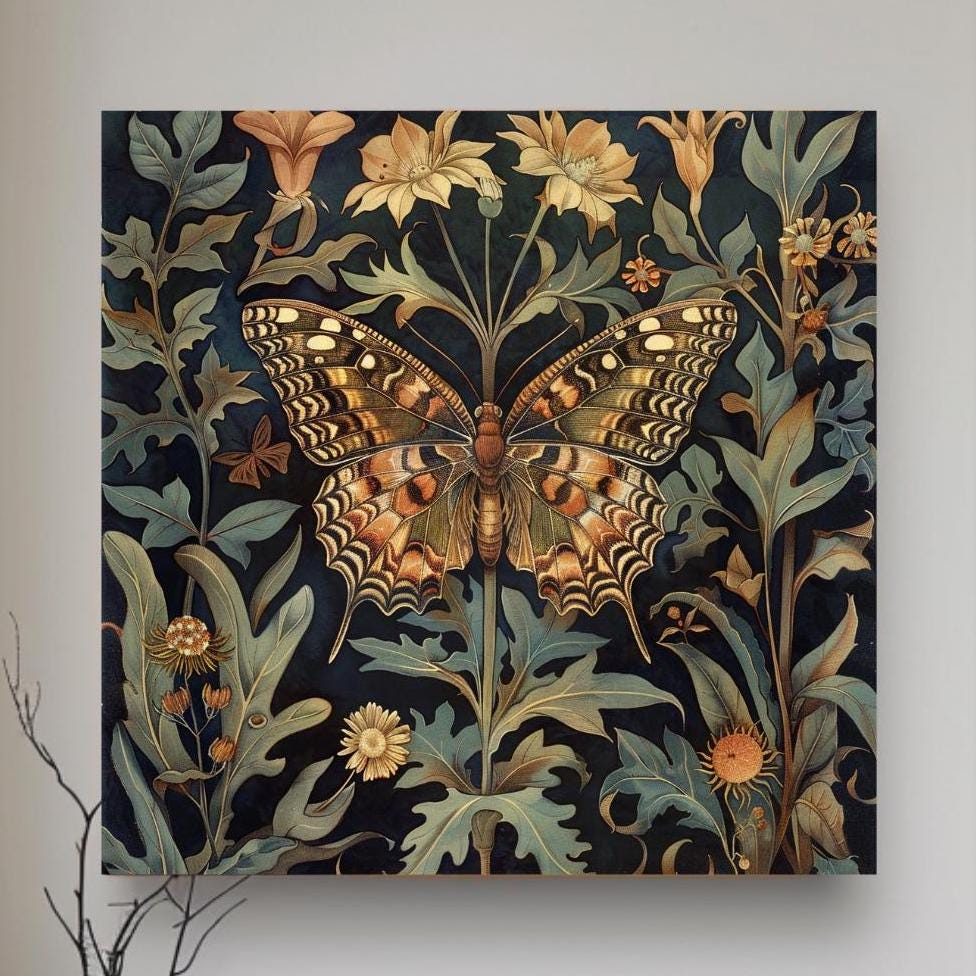 Botanical Butterfly Canvas Art, William Morris Inspired Print, Vintage Nature Home Accent, Vintage Insect Poster, Floral Framed Wall Art