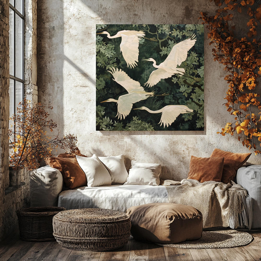 White Egret Canvas Print, William Morris Inspired Nature Art, Botanical Bird Decor, Forest Themed Wall Art, Elegant Home Wall Hanging