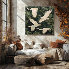 White Egret Canvas Print, William Morris Inspired Nature Art, Botanical Bird Decor, Forest Themed Wall Art, Elegant Home Wall Hanging