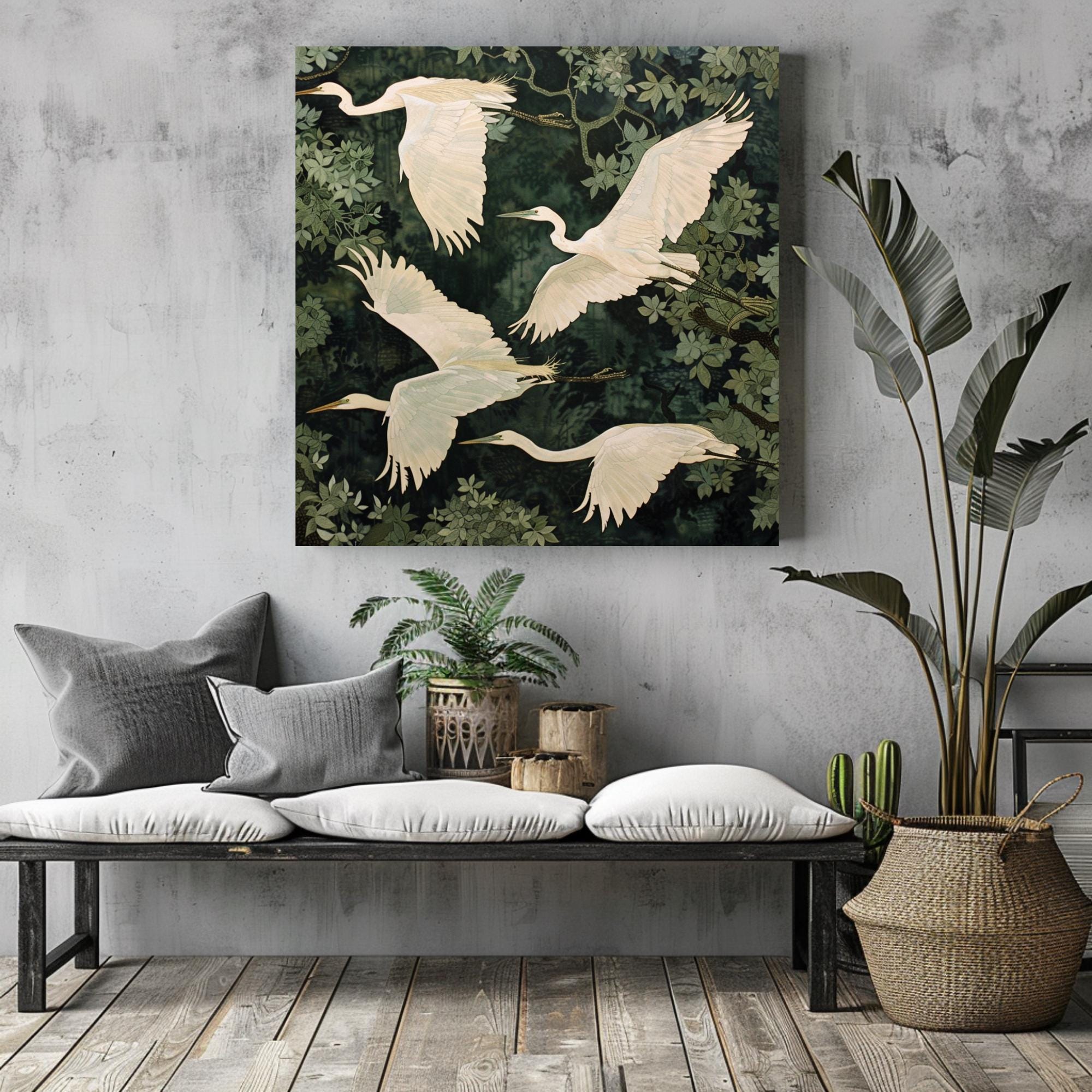 White Egret Canvas Print, William Morris Inspired Nature Art, Botanical Bird Decor, Forest Themed Wall Art, Elegant Home Wall Hanging